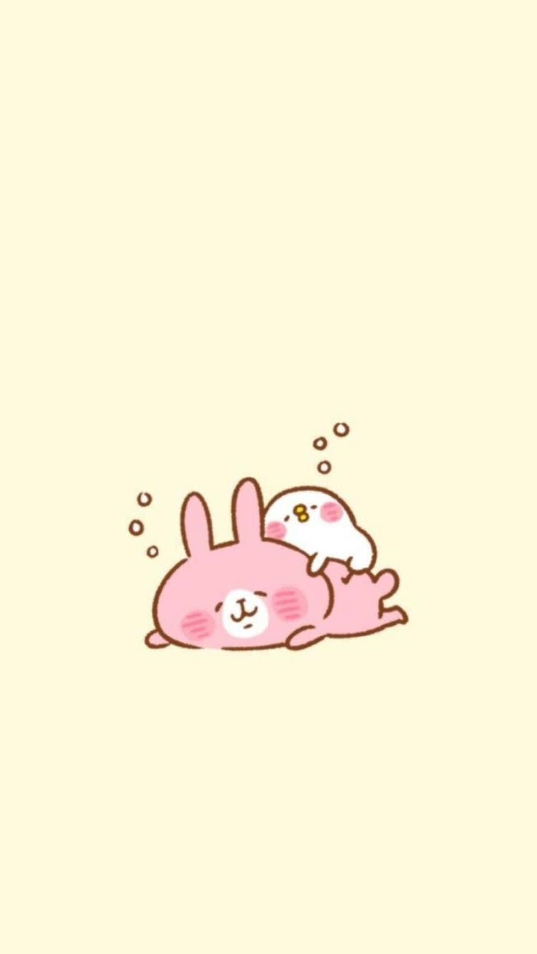 Kawaii Characters 桌布 壁紙 — 一隻可愛的粉紅色兔子正在睡覺，一隻白色小鳥棲息在它的背上，周圍有漂浮的泡泡。
