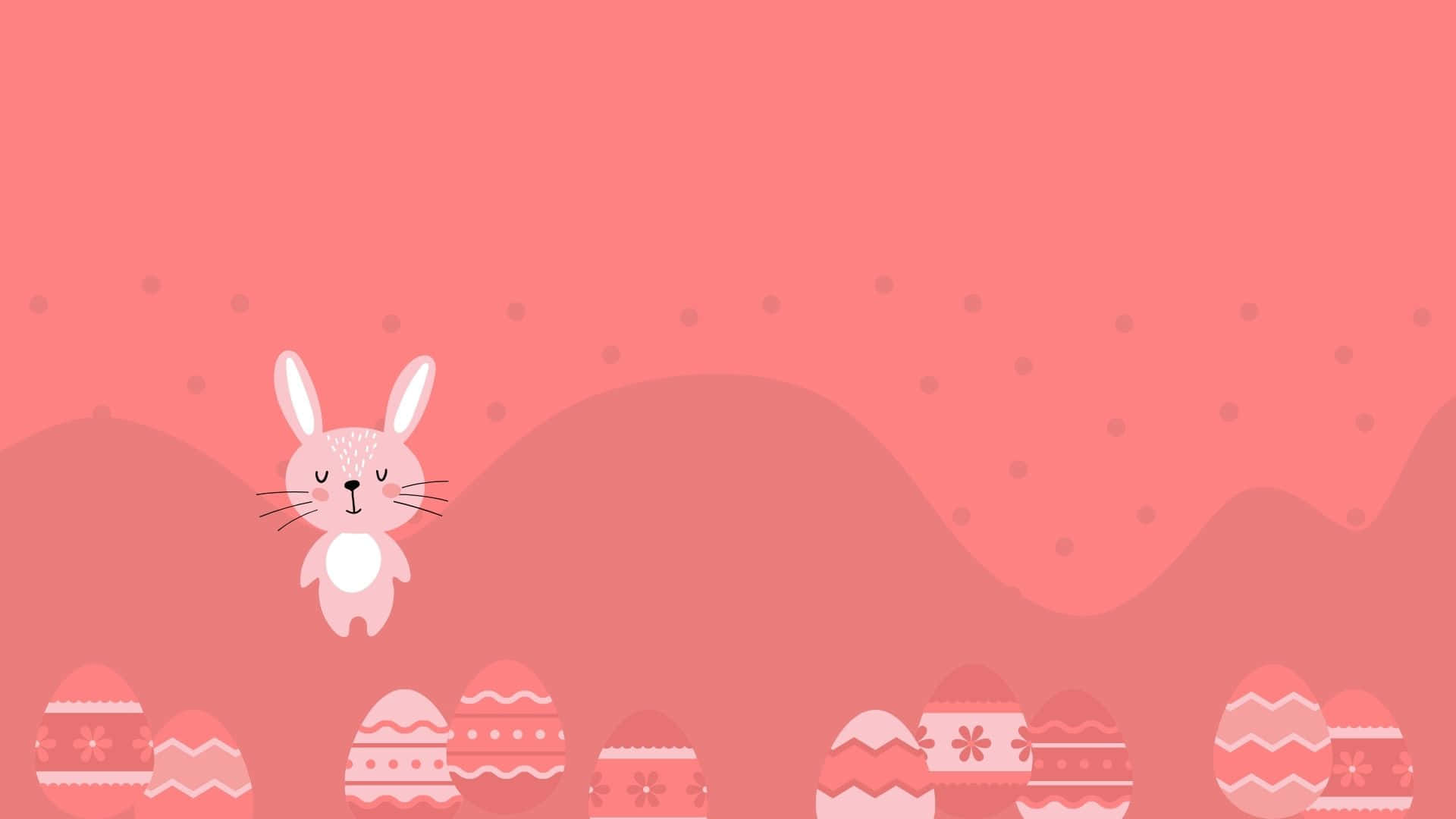 Pink Bunny 桌布 壁紙 — 一隻可愛的粉紅色兔子漂浮在裝飾過的復活節蛋上方，背景是柔和的珊瑚色，帶有細微的圓點圖案。