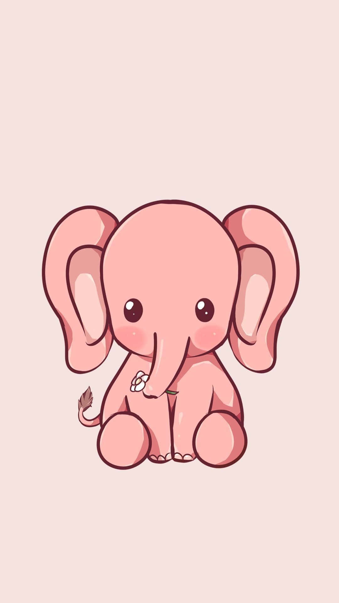 Pink Elephant 桌布 壁紙 — 一隻可愛的粉紅色卡通大象坐著，手持一朵小白花，背景是柔和的粉紅色。