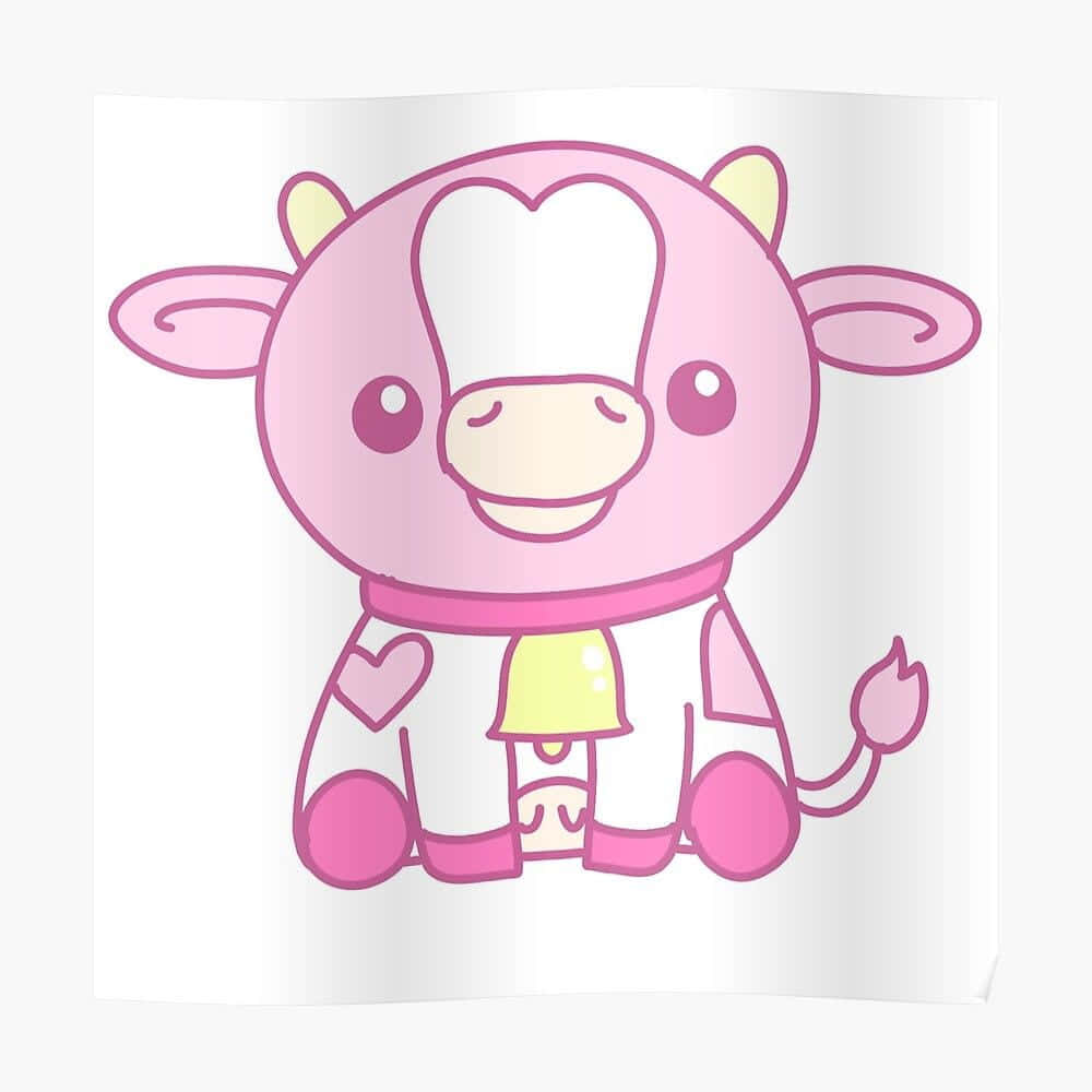 Kawaii Strawberry Cow 桌布 壁紙 — 一隻可愛的粉紅色卡通牛，帶有心形斑紋，戴著黃色鈴鐺和粉紅色圍巾微笑。