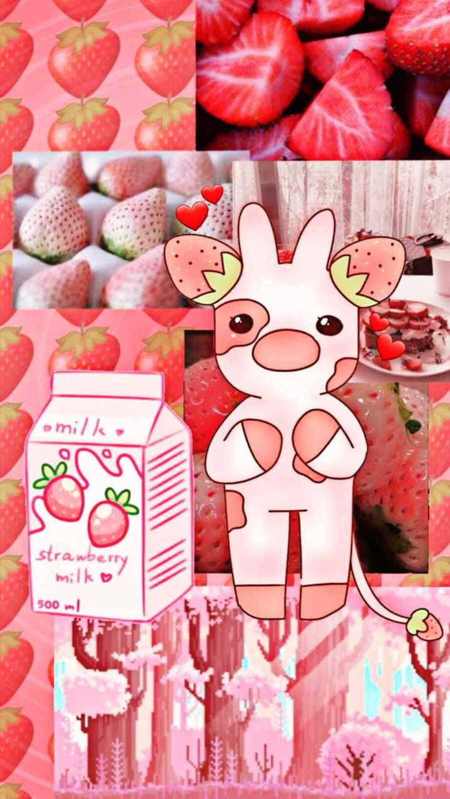 Kawaii Strawberry Cow 桌布 壁紙 — 一隻可愛的粉紅色卡通牛，帶有草莓主題的耳朵，站在新鮮草莓、牛奶盒和像素化櫻花的拼貼畫中。
