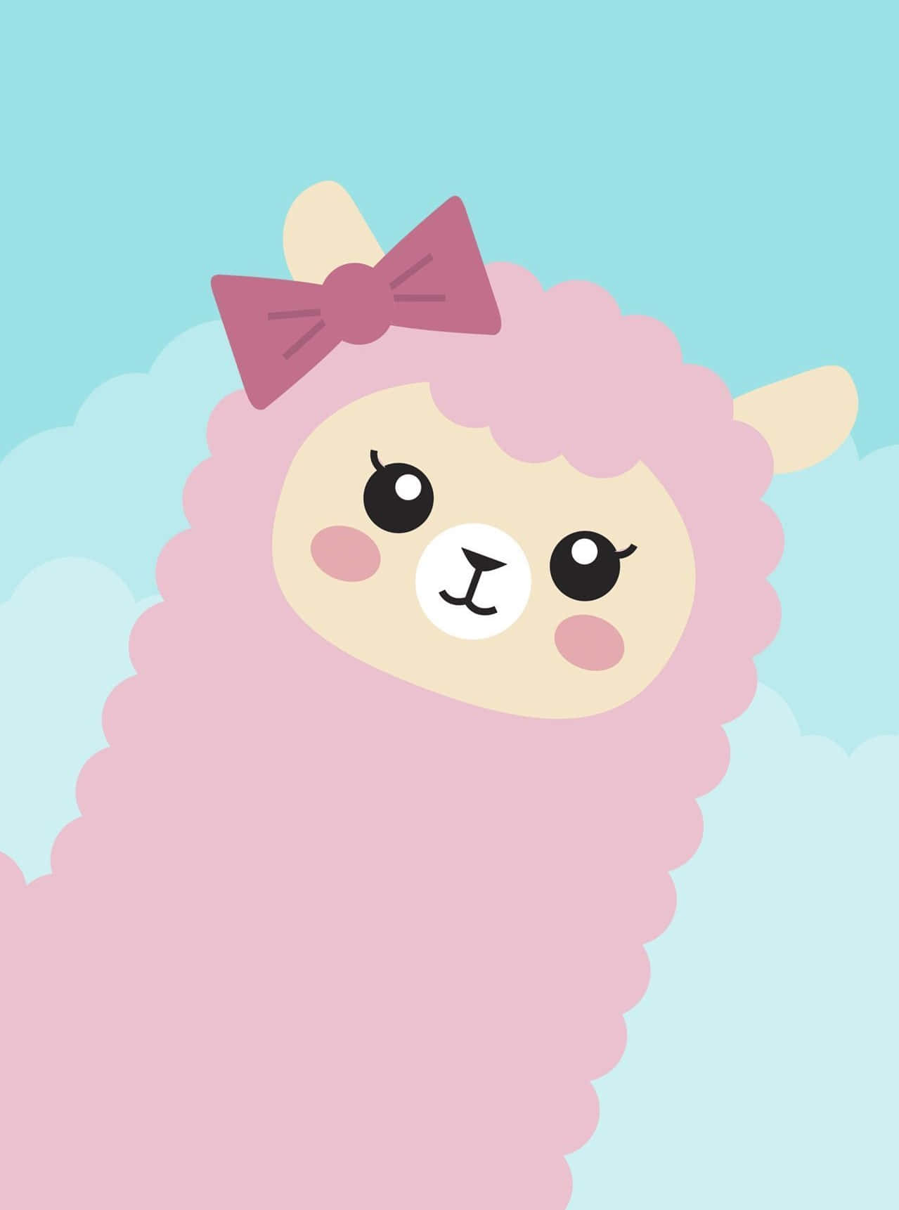 Kawaii Llama 桌布 壁紙 — 一隻可愛的粉紅色卡通羊駝，戴著紫色蝴蝶結，在淺藍色天空和柔軟雲朵中微笑。