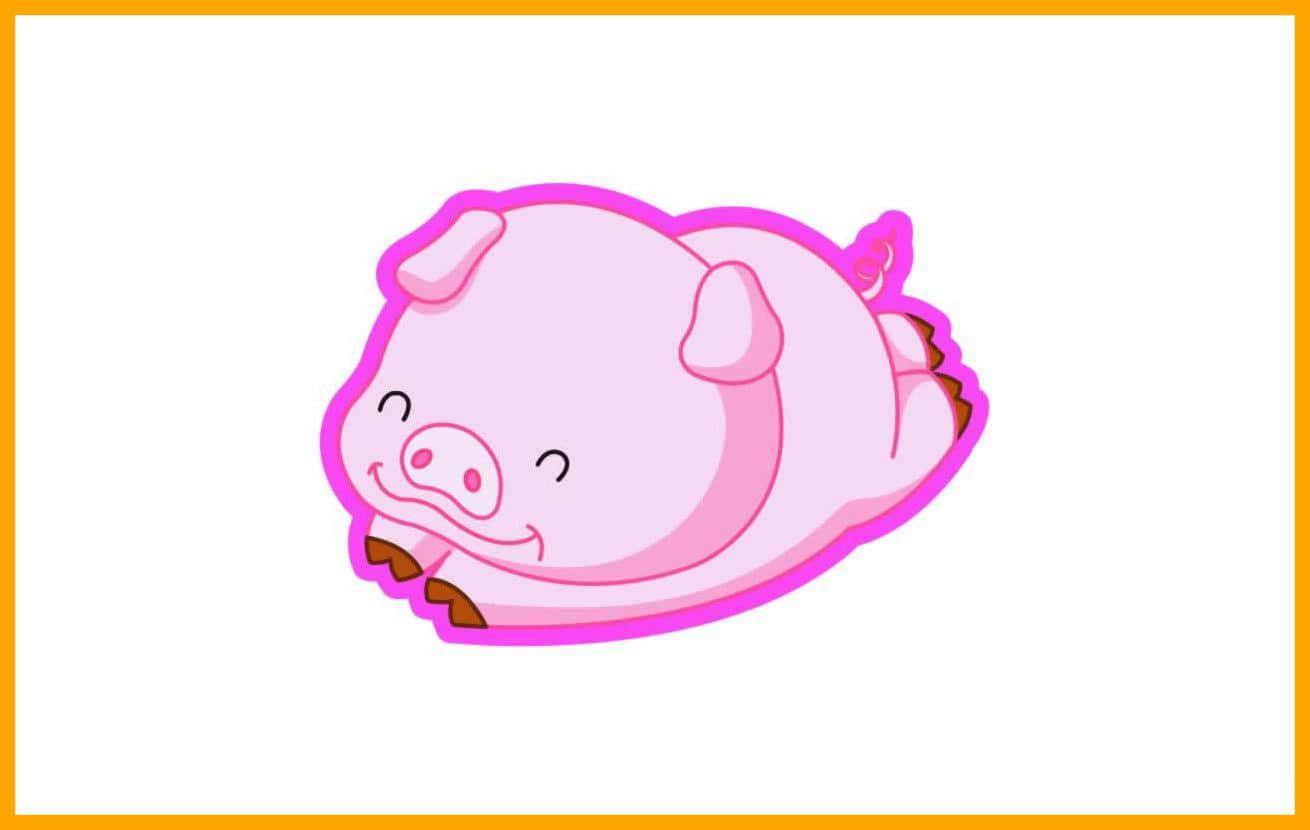 Piggy 桌布 壁紙 — 一隻可愛的粉紅色卡通豬，帶著開心的笑容和明亮的粉紅色輪廓，蜷縮在白色背景上。