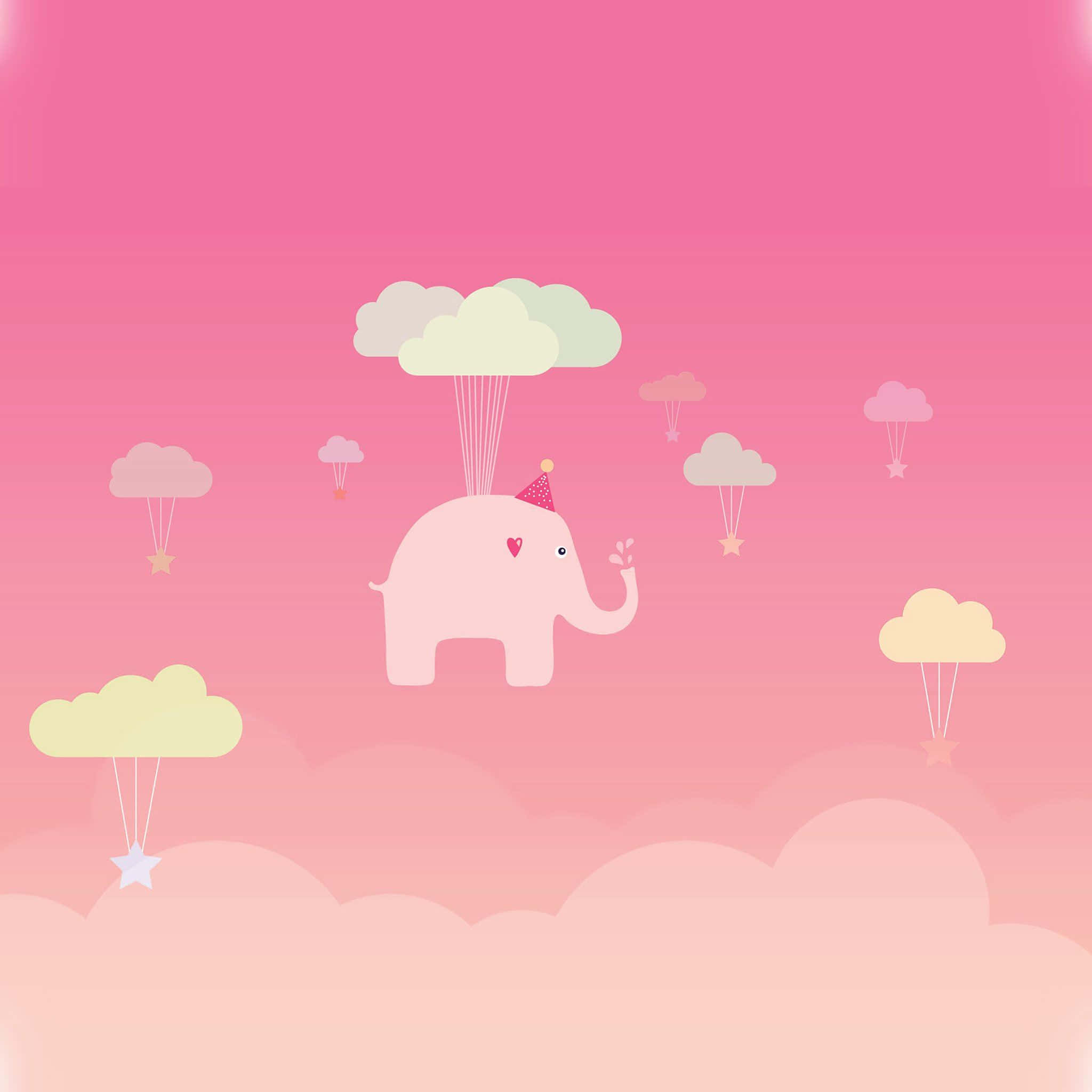 Pink Elephant 桌布 壁紙 — 一隻可愛的粉紅色大象戴著派對帽，在漸變粉紅色天空的背景下漂浮在粉彩雲朵和星星降落傘之間。