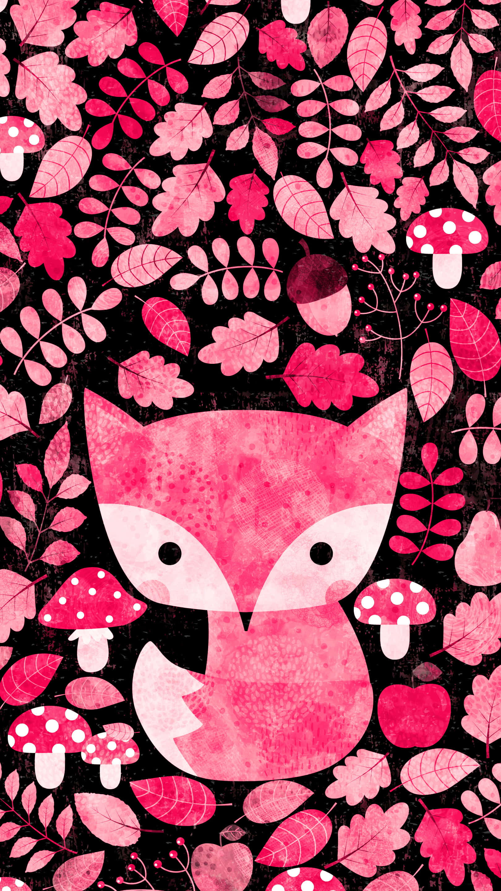 Kawaii Fox 桌布 壁紙 — 一隻可愛的粉紅色狐狸，被粉紅色的葉子和蘑菇包圍在深色背景上。