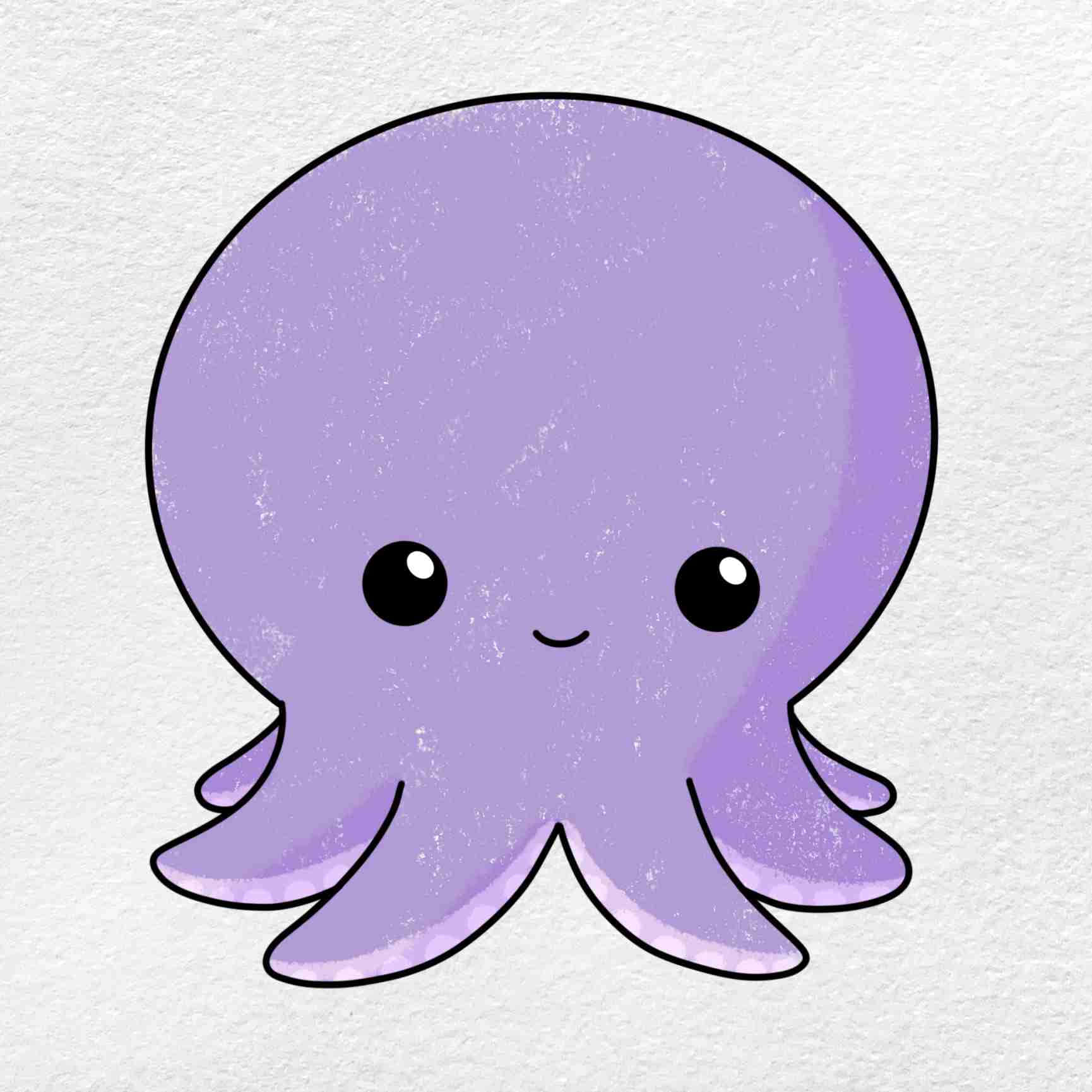 Cartoon Drawing 桌布 壁紙 — 一隻可愛的紫色八爪魚，有大大的黑色眼睛和簡單的微笑，坐在有紋理的白色紙上。