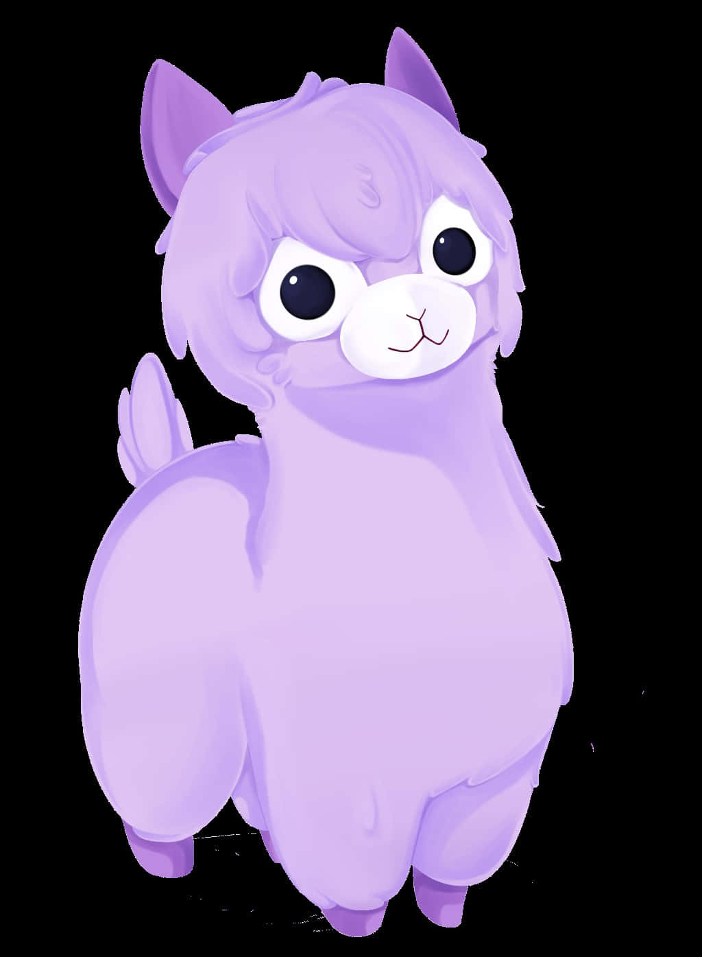 Kawaii Llama 桌布 壁紙 — 一隻可愛的紫色卡通羊駝，有大圓眼睛和蓬鬆的毛，站在黑色背景前。