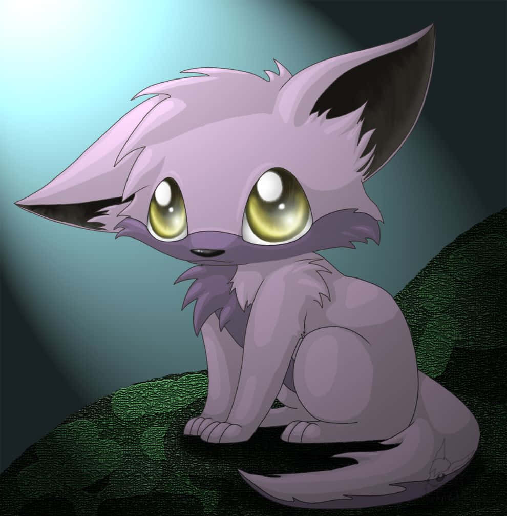 anime wolf 桌布 壁紙 — 一隻可愛的紫色狐狸，有著發光的黃色眼睛，坐在黑暗森林中聚光燈下的長滿苔蘚的石頭上。