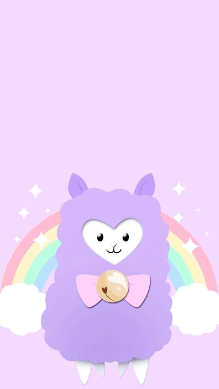 Purple Alpaca 桌布 壁紙 — 一隻可愛的紫色羊駝，心形臉龐，繫著粉紅色蝴蝶結，站在彩虹和雲朵前，背景是粉彩粉紅色。