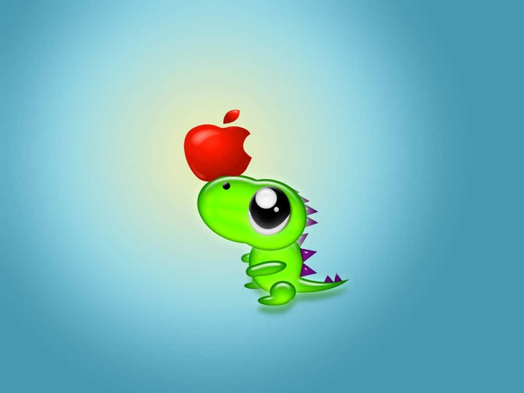 Cute Dinosaur 桌布 壁紙 — 一隻可愛的綠色卡通恐龍，帶有紫色尖刺，頭頂上平衡著一個被咬了一口的紅色蘋果，背景是柔和的藍色漸變。