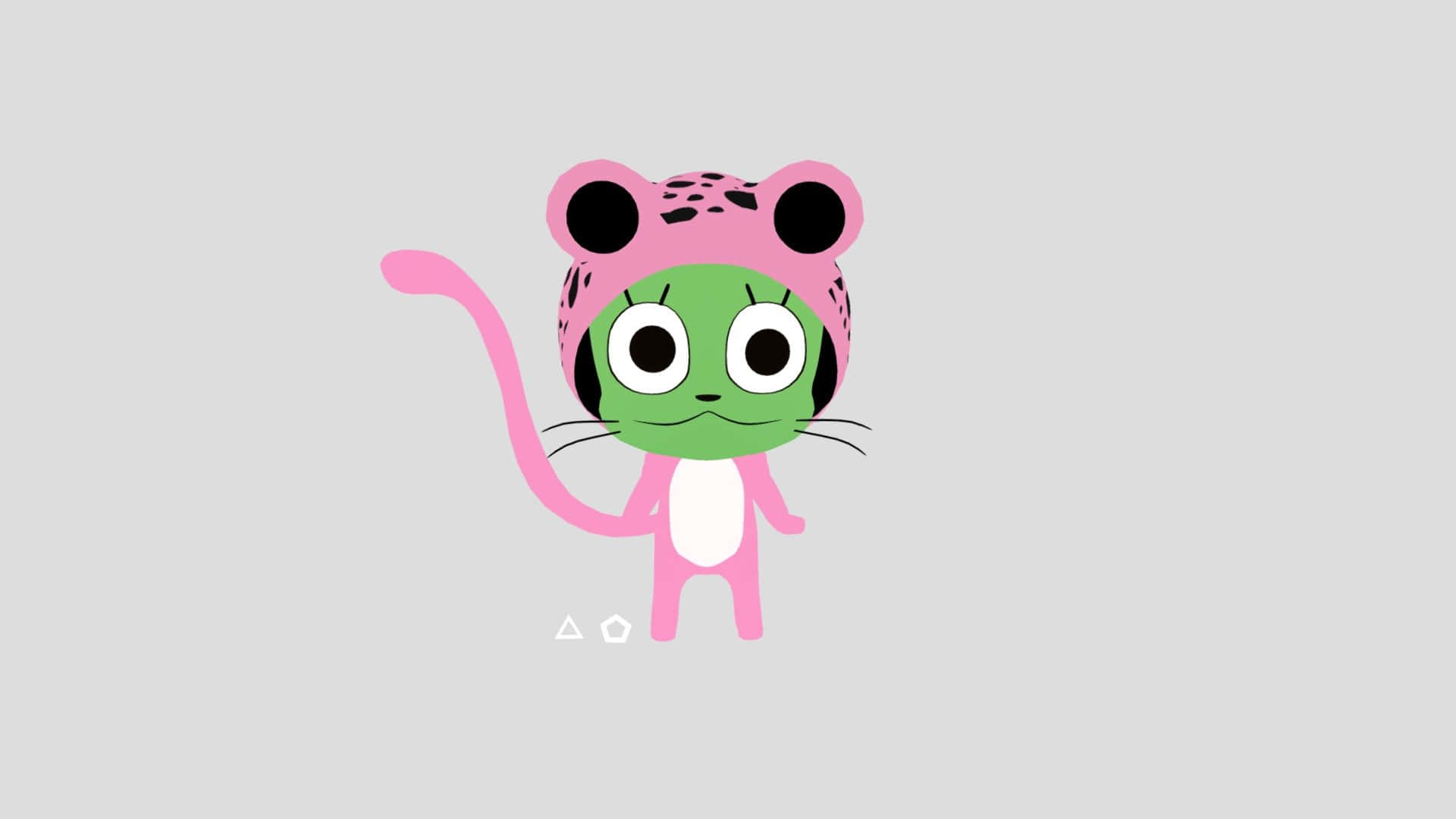 Frosch 桌布 壁紙 — 一隻可愛的綠色卡通貓，戴著帶有黑色斑點的粉紅色豹紋帽子，長長的尾巴，背景是純灰色。