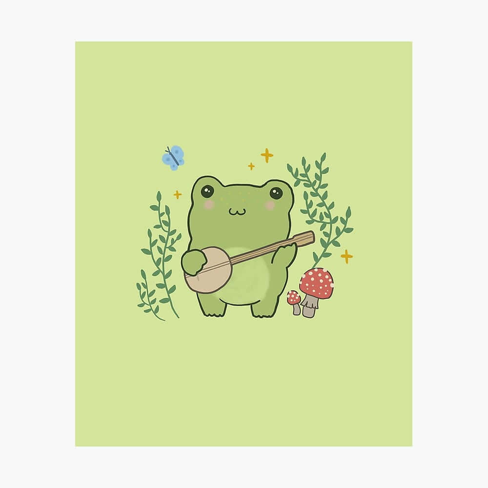 Aesthetic Frog 桌布 壁紙 — 一隻可愛的綠色青蛙在柔和的綠色背景上，被樹葉、蘑菇和一隻蝴蝶圍繞著彈奏班卓琴。
