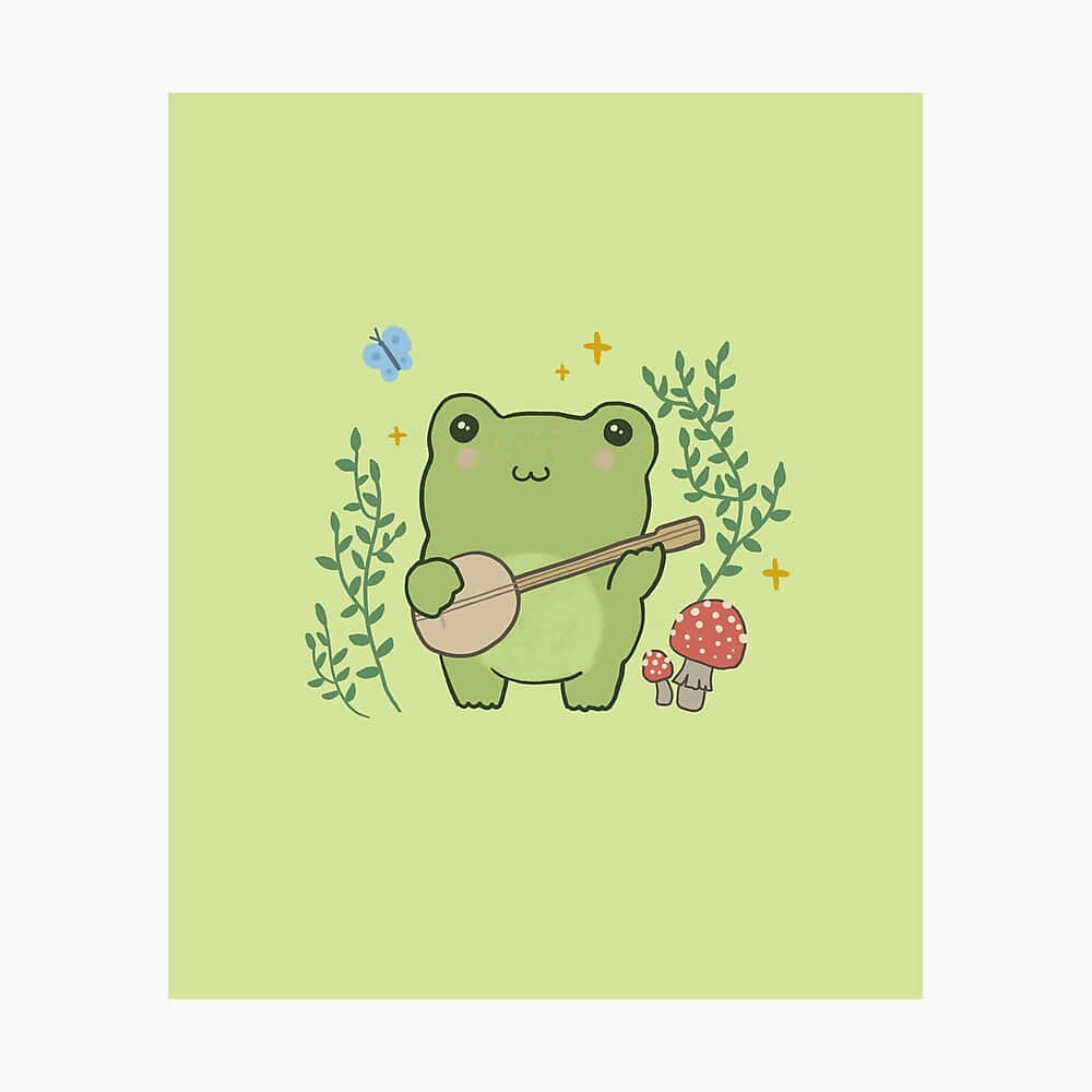 Cute Frog 桌布 壁紙 — 一隻可愛的綠色青蛙在柔和的綠色背景上，被樹葉、蘑菇和一隻蝴蝶圍繞著彈奏班卓琴。