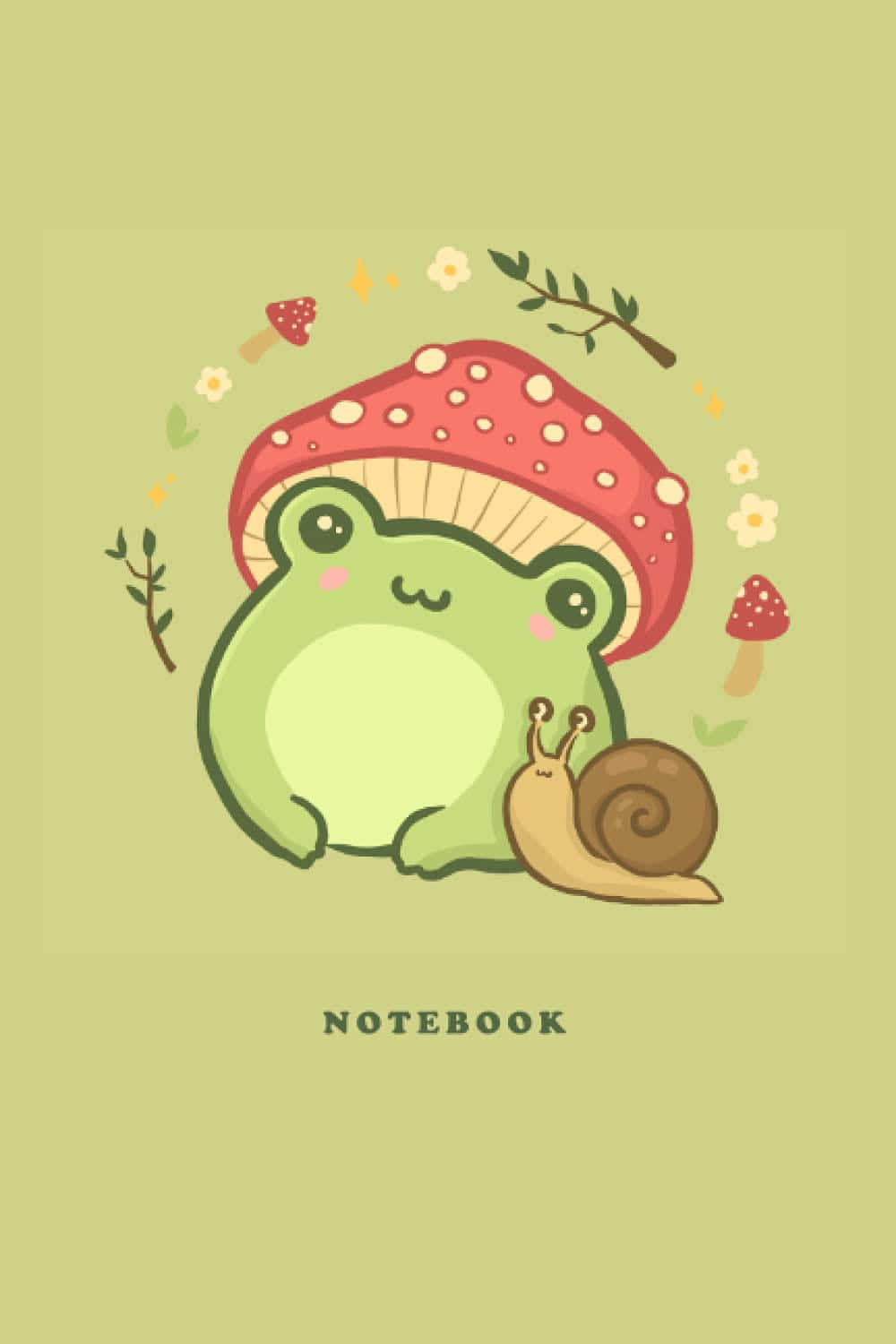 Aesthetic Frog 桌布 壁紙 — 一隻可愛的綠色青蛙戴著紅色蘑菇帽，坐在蝸牛旁邊，在淺綠色背景上的花環下。