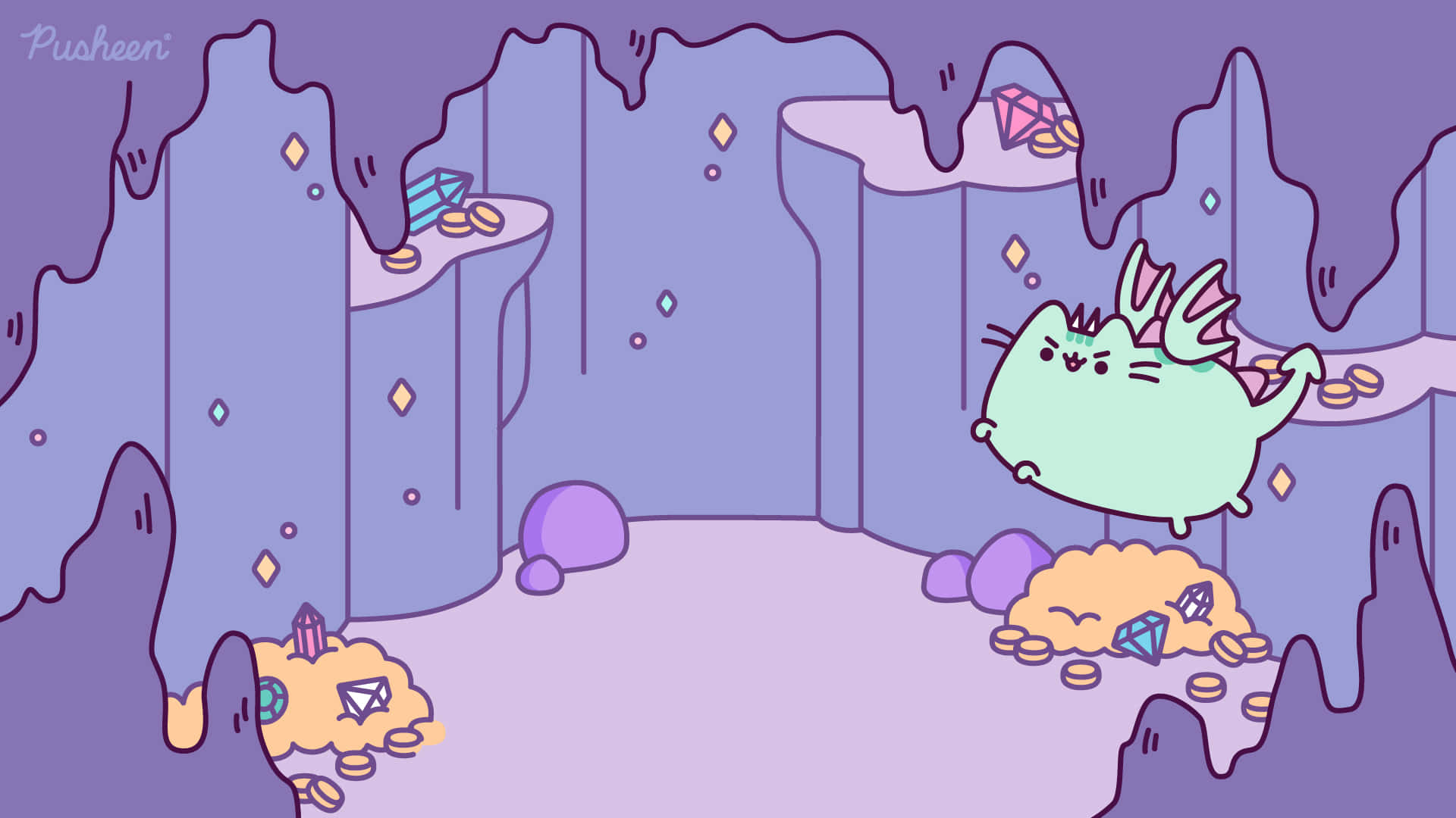 Pusheen 桌布 壁紙 — 一隻可愛的綠色龍貓漂浮在一個充滿發光寶石和金幣的紫色洞穴中。