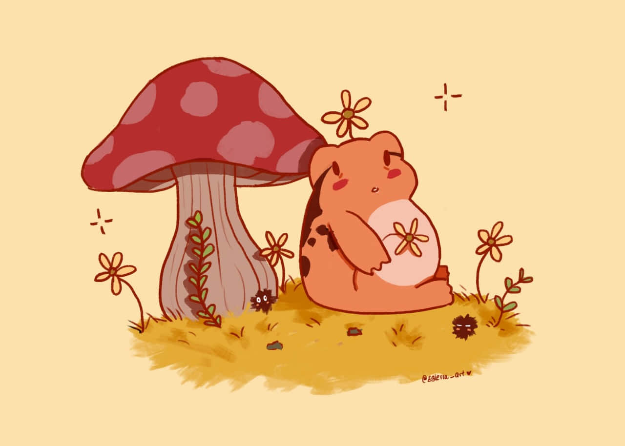 Cute Frog 桌布 壁紙 — 一隻可愛的胖熊坐在溫暖的黃色田野中，旁邊有一朵紅色斑點蘑菇，田野裡有小花。