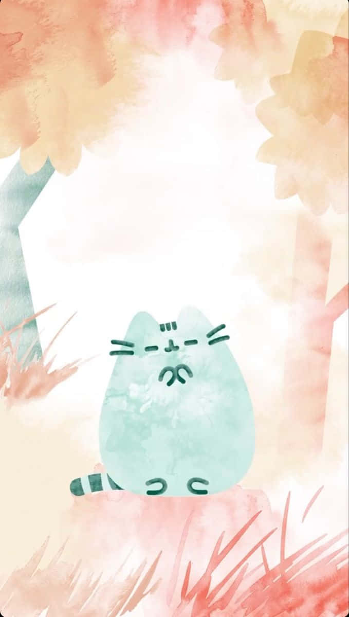 Cute Pusheen 桌布 壁紙 — 一隻可愛的薄荷綠色貓咪，帶著不悅的表情，坐在明亮天空下柔和的水彩秋葉中。