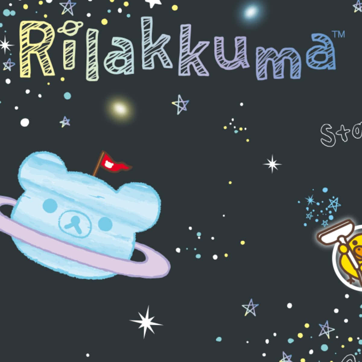 Rilakkuma熊作為一個藍色行星，帶有光環和旗幟，在星空夜空中。 — 鬆弛熊 GIF 壁紙
