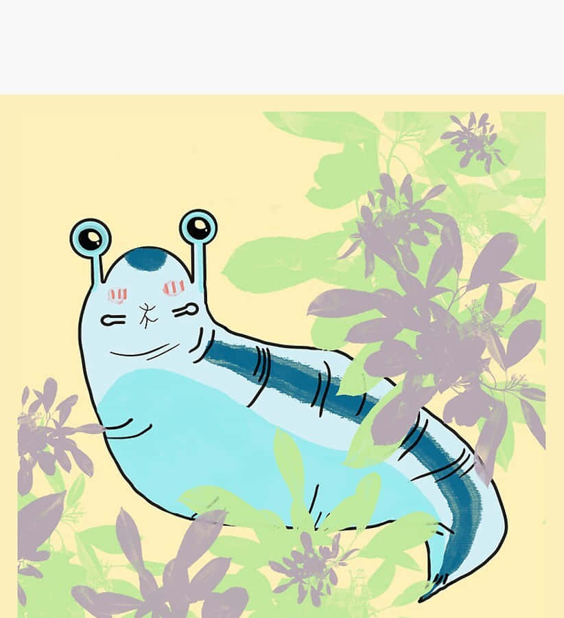 Katsuyu 桌布 壁紙 — 一隻可愛的藍色卡通蛞蝓，大眼睛，在淡黃色背景上的綠色和紫色葉子中微笑。