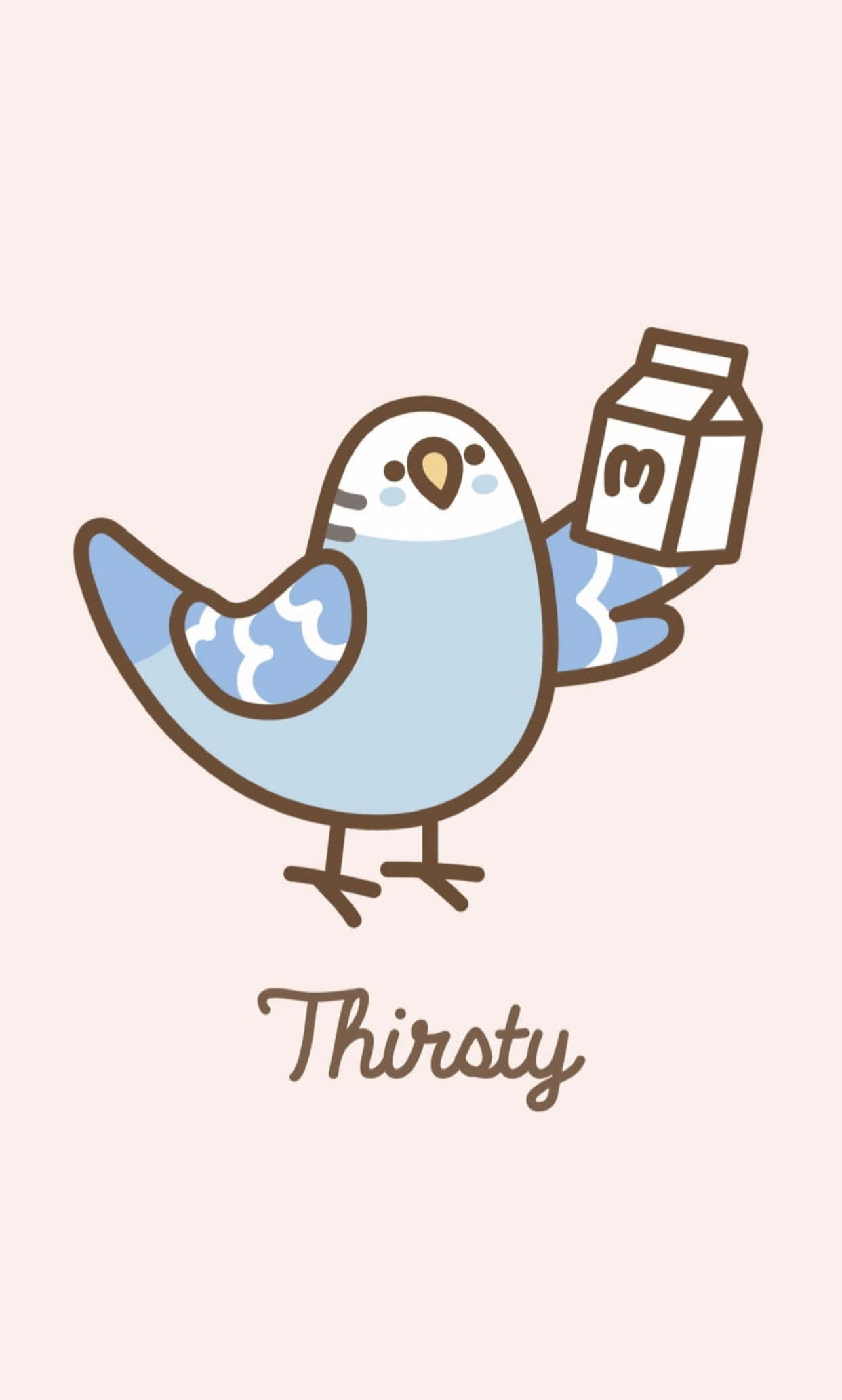 Kawaii Bird 桌布 壁紙 — 一隻可愛的藍色卡通鳥，帶有棕色輪廓，拿著一個牛奶盒，文字在柔和的粉紅色背景上顯示口渴。