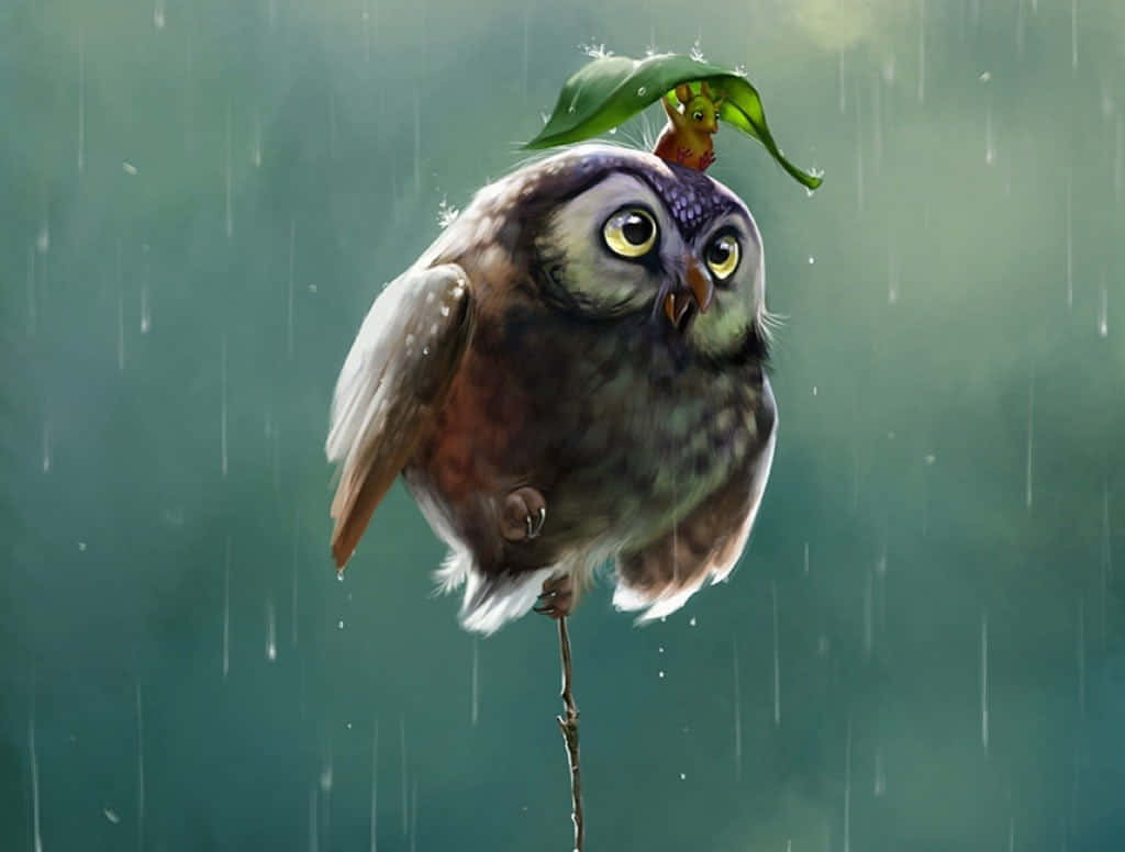 一隻在雨中戴著葉子帽子的貓頭鷹，一個小生物探出頭來。