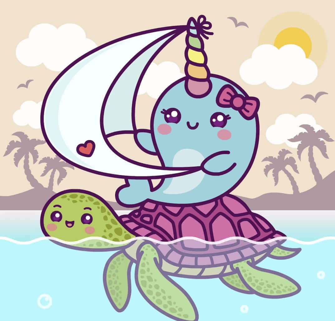 一隻可愛的長角鯨在海洋中游泳 壁紙 — 一隻可愛的藍色獨角鯨，帶有彩虹角和粉紅色蝴蝶結，騎著微笑的綠色海龜在陽光普照的熱帶水域中穿行。
