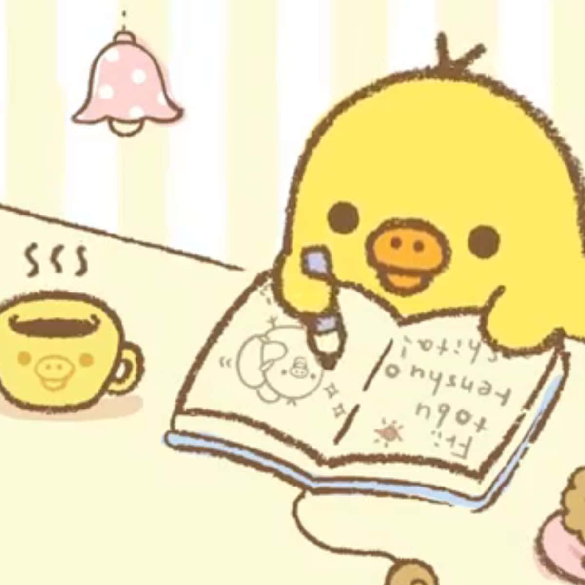 黃色小雞在粉紅色燈下在微笑杯子旁邊畫筆記本。 — 鬆弛熊 GIF 壁紙