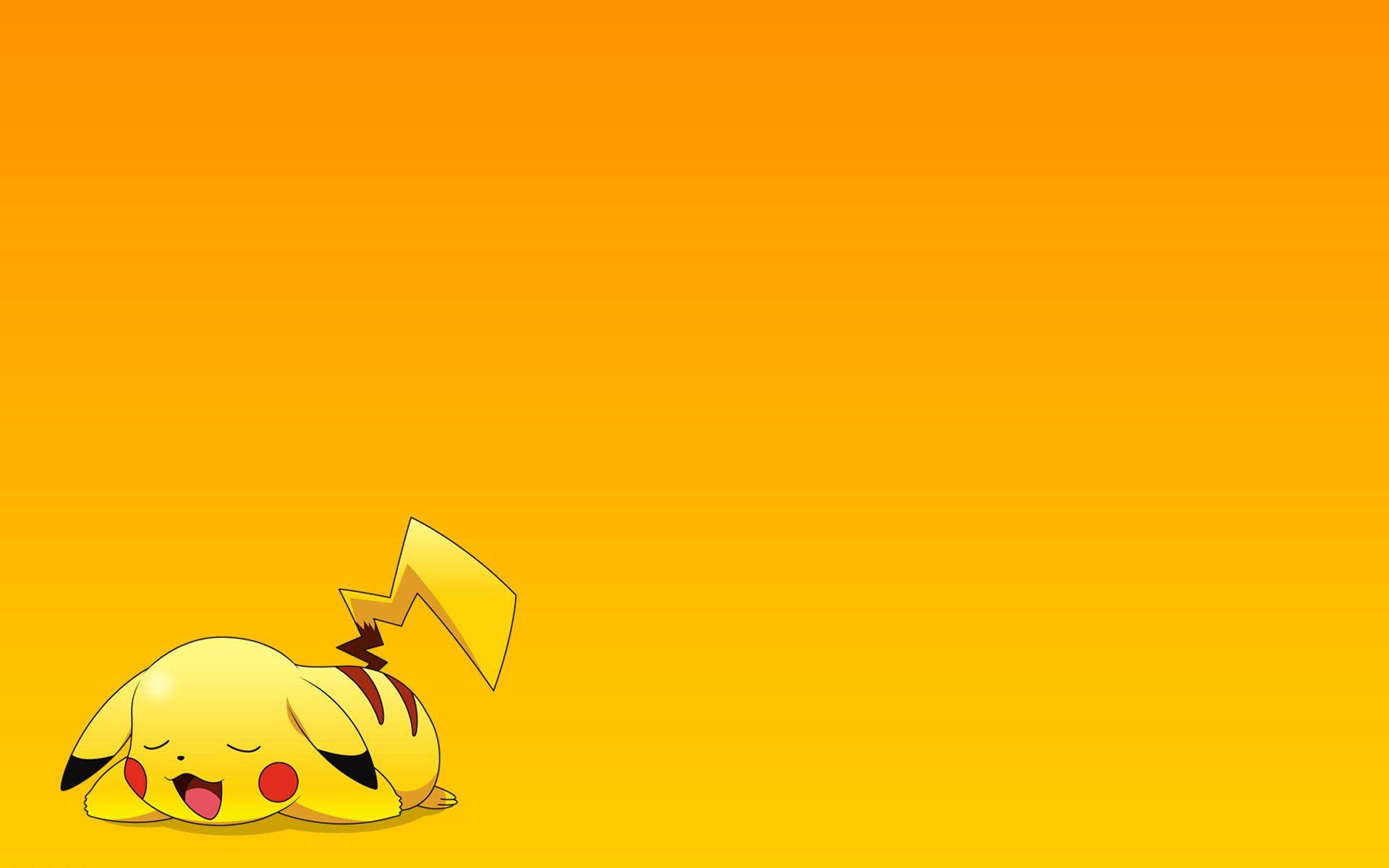 pikachu 3d 桌布 壁紙 — 一隻可愛的黃色比卡超在橙色漸變背景上安詳地睡覺，尾巴捲曲起來。