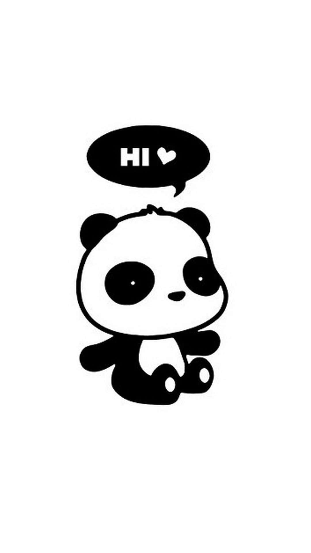 Kawaii Panda 桌布 壁紙 — 一隻可愛的黑白卡通熊貓，帶有說「HI」的對話氣泡和一顆心。