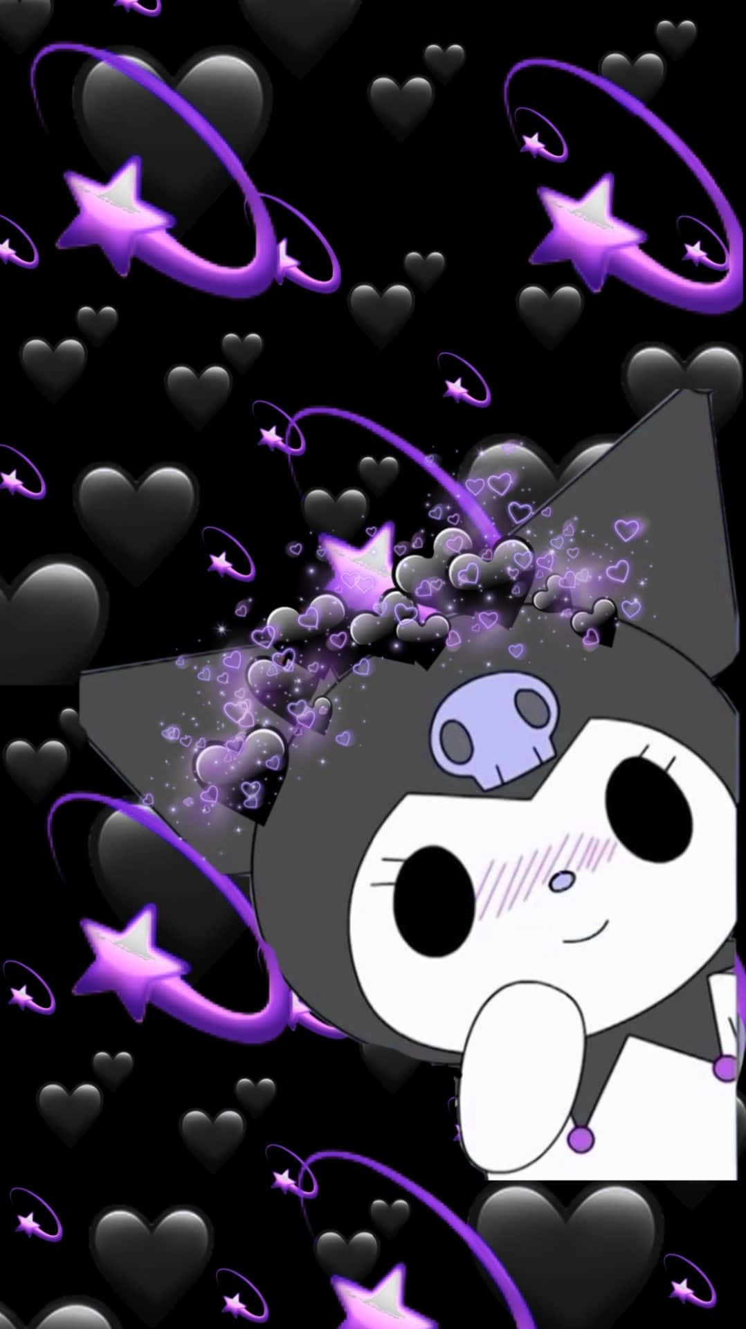 Kuromi Aesthetic 桌布 壁紙 — 一隻可愛的黑白卡通貓，帶有骷髏標誌，在深色背景上，在紫色星星和心形中微笑。