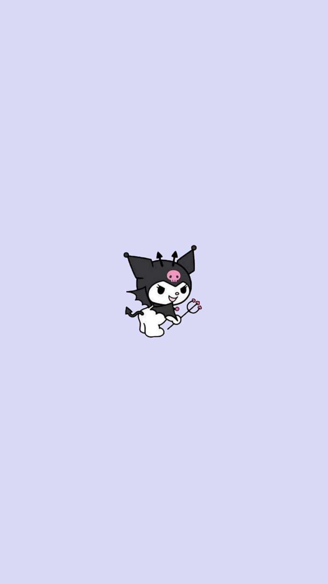 Kuromi Kawaii 桌布 壁紙 — 一隻可愛的黑白卡通貓，有粉紅色鼻子和蝙蝠耳朵，在柔和的薰衣草背景上拿著一朵小花。