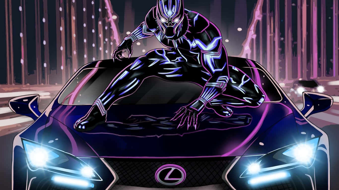 穿著發光套裝的黑豹蹲在紫色 Lexus 上，身處夜晚霓虹城市。