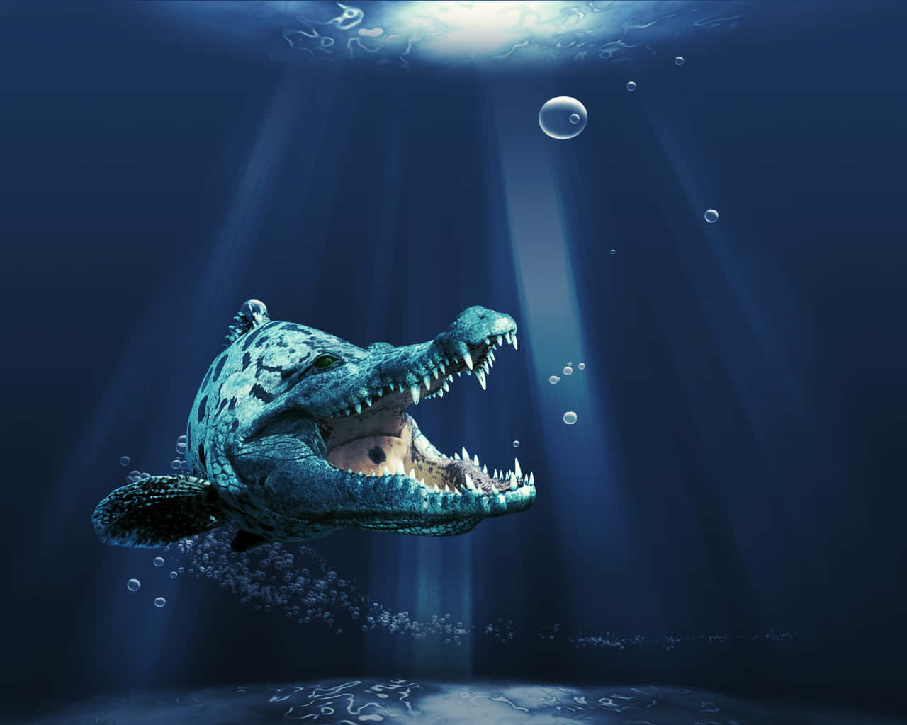 3d Animal 桌布 壁紙 — 一隻史前鱷魚狀生物張開嘴巴在水底游動，陽光穿透深藍色的海洋。