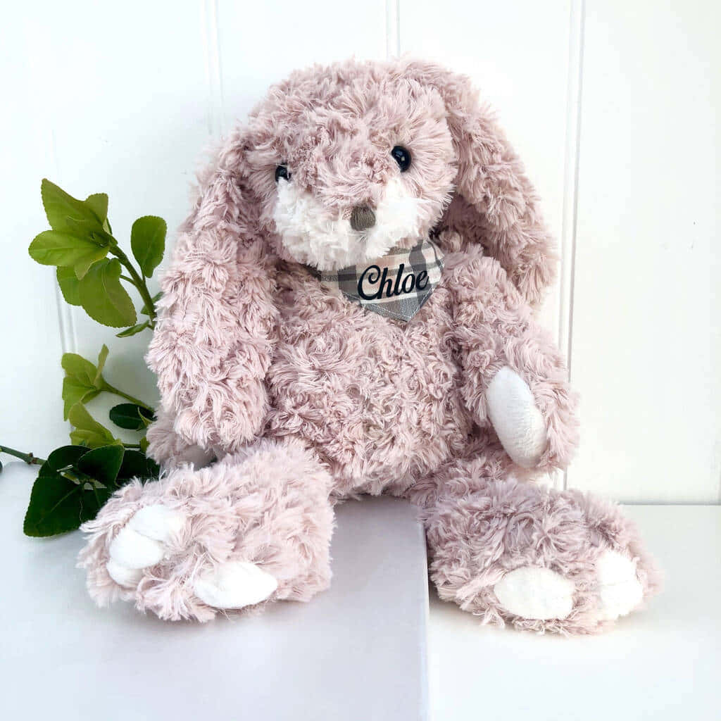 Cuddly 桌布 壁紙 — 一隻名叫Chloe的毛絨粉紅兔仔毛公仔坐在綠色葉子旁邊，背景是白色嵌板牆。
