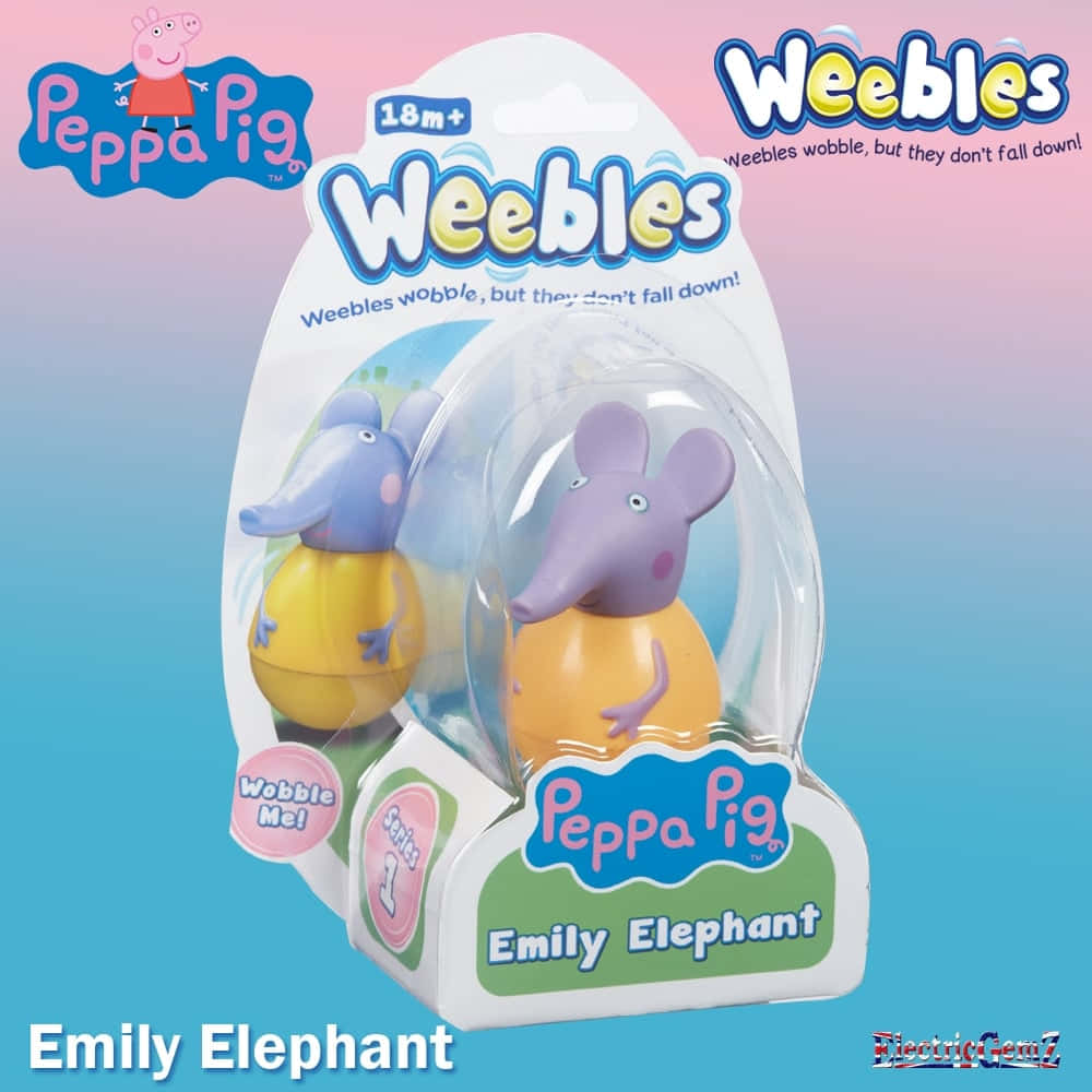 Emily Elephant 桌布 壁紙 — 一隻名為 Emily 的 Peppa Pig Weebles 玩具大象，放在透明塑膠包裝內，背景是柔和的藍色和粉紅色漸變。