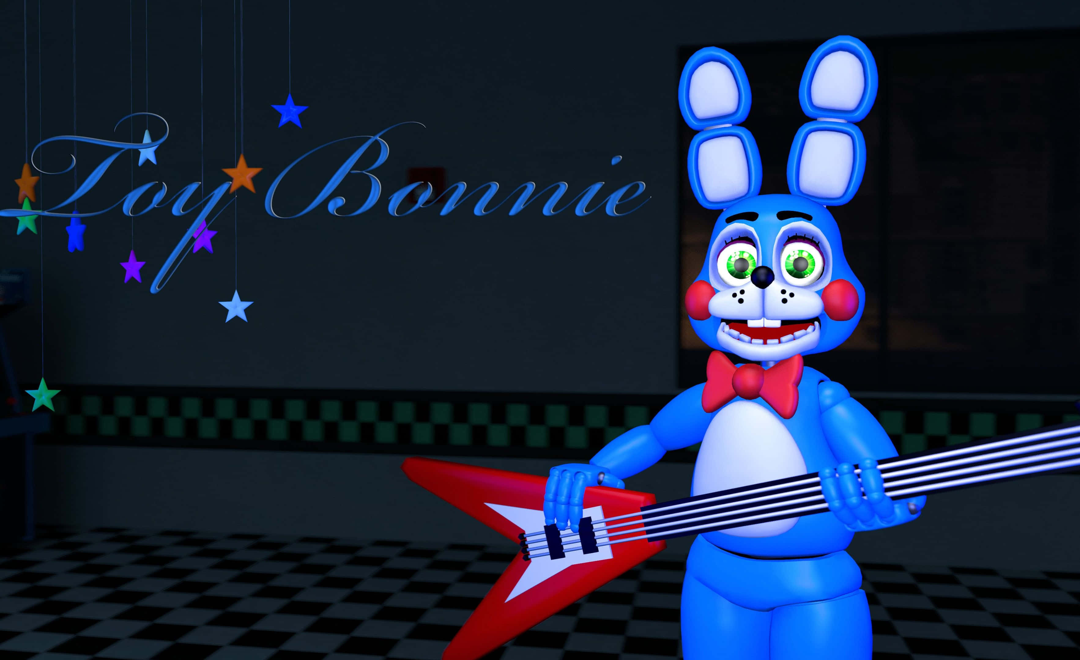 Bonnie The Bunny 桌布 壁紙 — 一隻名為 Toy Bonnie 的藍色兔仔機械人在格仔房間的懸掛星星下彈奏紅色電貝斯結他。