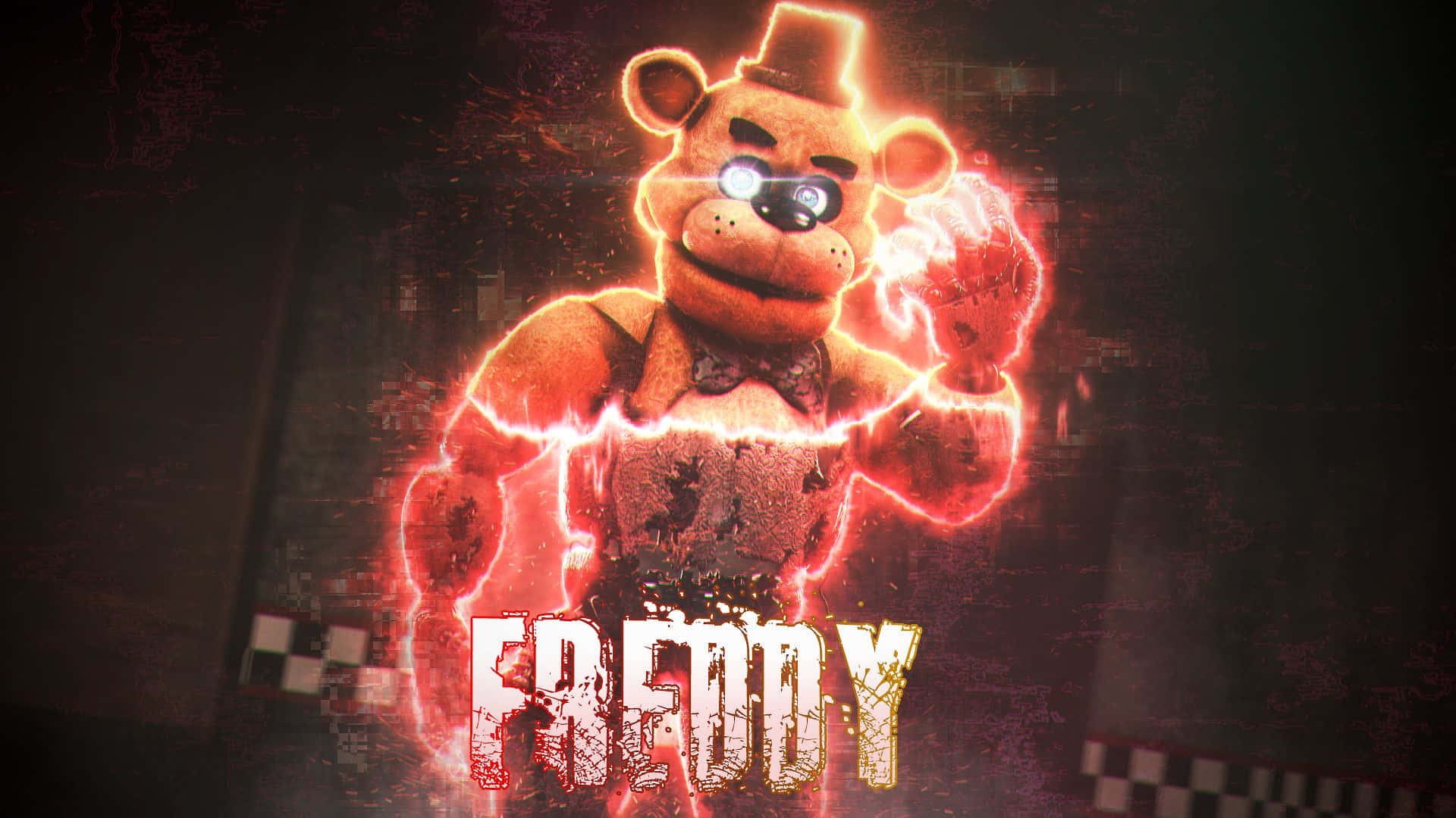 Freddy Fazbear 桌布 壁紙 — 一隻名為Freddy的駭人電子熊在深色格仔背景上發出電光紅色的能量。