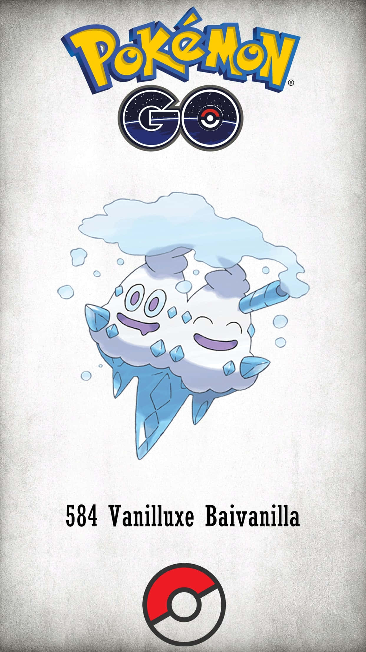 遊戲 桌布 壁紙 — 一隻名為Vanilluxe的開心雪糕雲小精靈，在帶有紋理的灰色背景上漂浮，伴隨著藍色冰柱和霜凍氣泡。