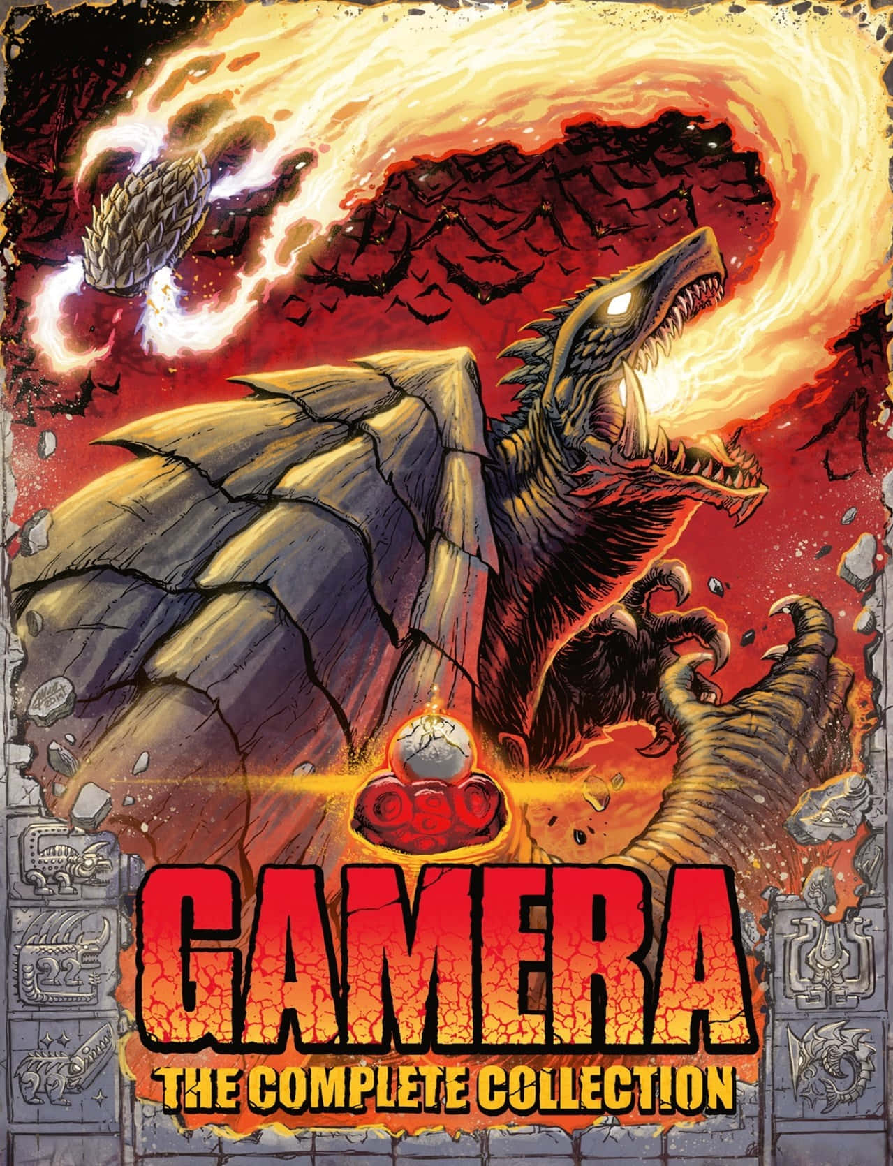 Gamera 桌布 壁紙 — 一隻名為加美拉的火焰哥斯拉式怪獸在火山爆發中咆哮，眼睛發光，尾巴帶刺。