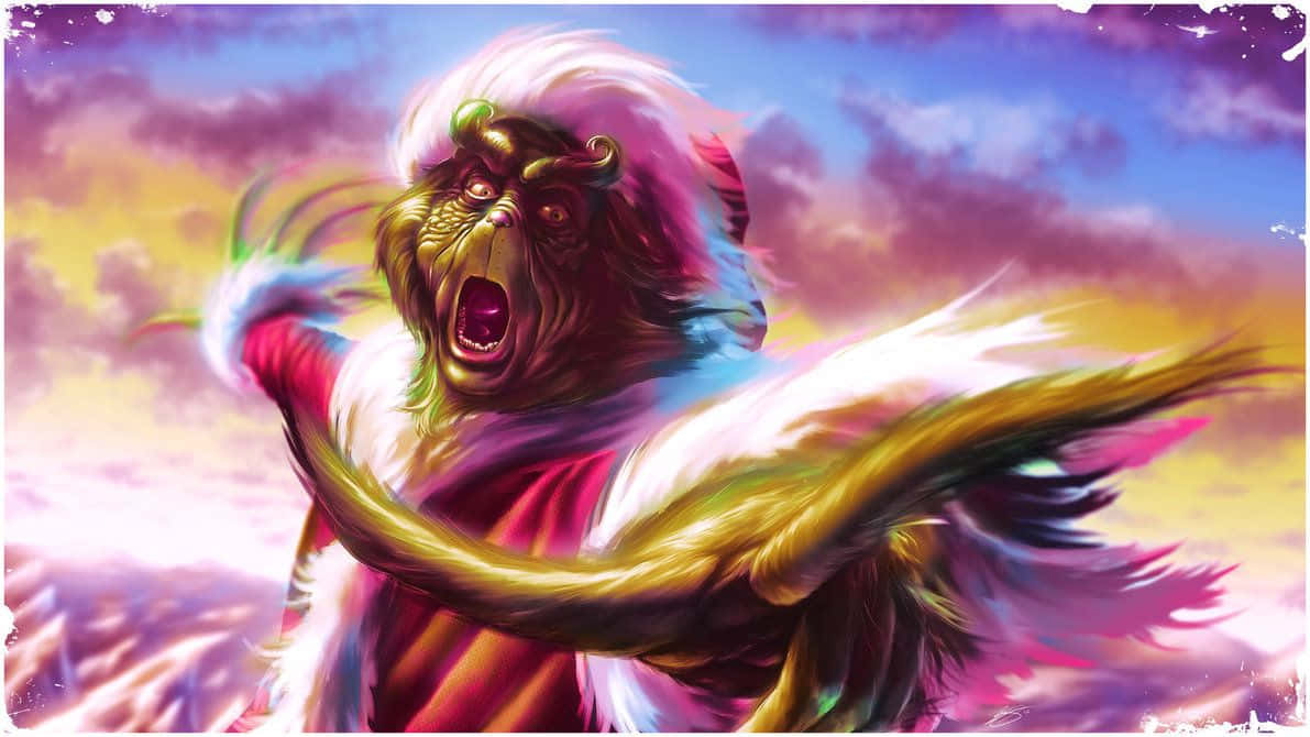 The Grinch 桌布 壁紙 — 一隻咆哮的、有翅膀的猴子，擁有彩虹羽毛和白色鬃毛，在充滿活力的紫色和黃色天空中尖叫。