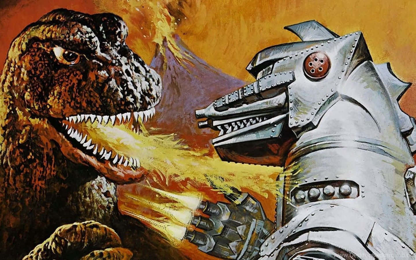 Godzilla 1954 桌布 壁紙 — 一隻咆哮的恐龍在熾熱的火山景觀中與金屬機械人對峙。