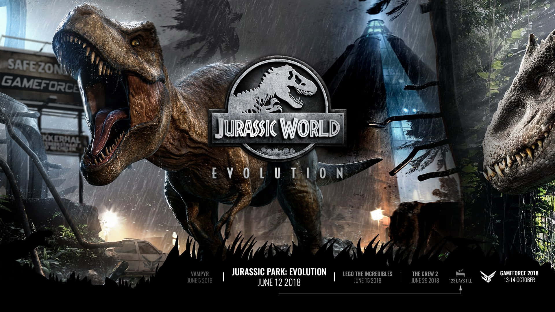 Jurassic World 桌布 壁紙 — 一隻咆哮的暴龍主宰著雨中的侏羅紀世界主題公園，破碎的建築和發光的燈光在暴風雨的夜晚中閃耀。