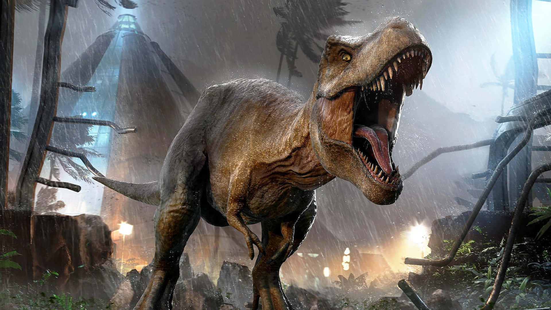 Jurassic World 桌布 壁紙 — 一隻咆哮的暴龍站在被雨水浸透的叢林中，周圍有發光的廢墟和霧氣瀰漫的背景。