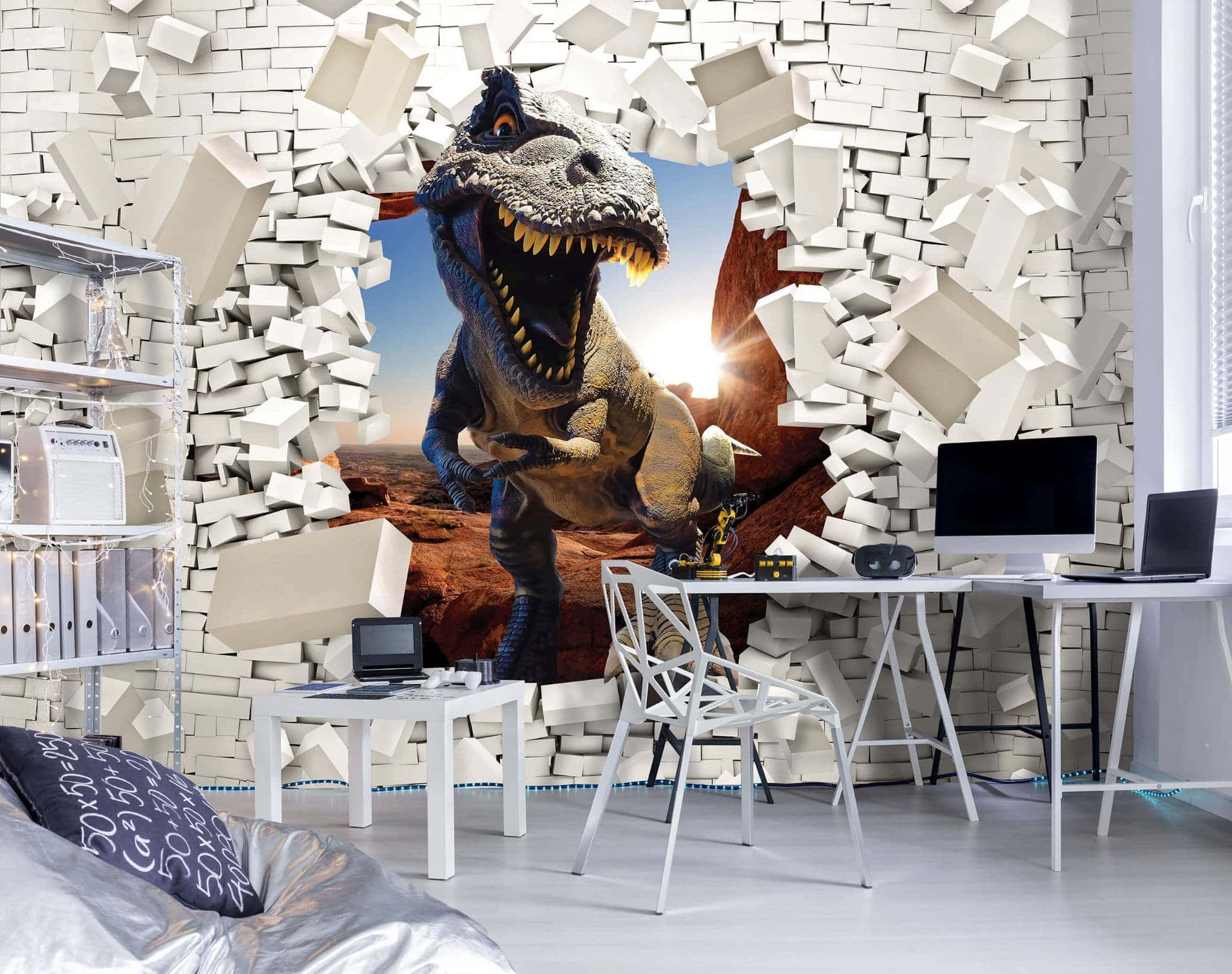3d Dinosaur 桌布 壁紙 — 一隻咆哮的暴龍衝破現代辦公室的白色磚牆，露出背後的沙漠日落。