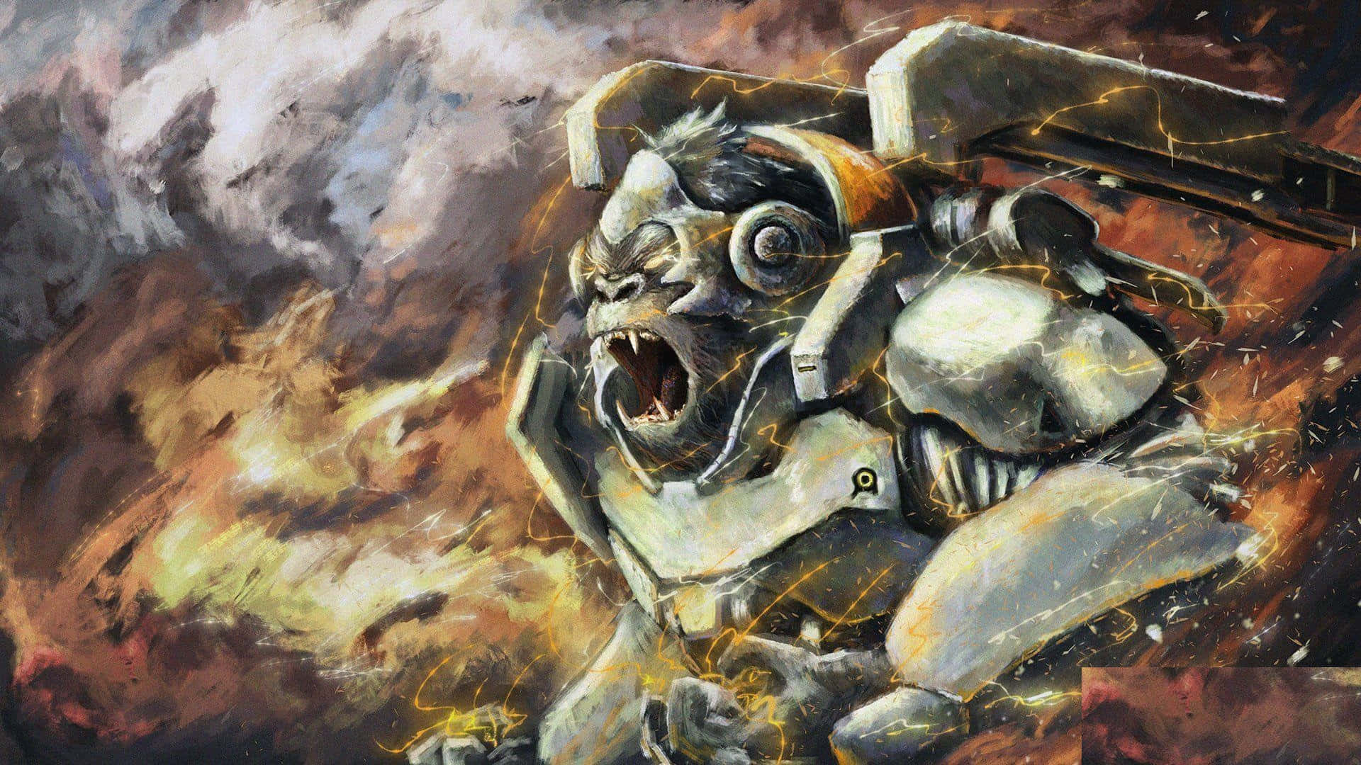 Overwatch Winston 桌布 壁紙 — 一隻咆哮的機械大猩猩穿著戰鬥裝甲，在火花四濺的火焰混亂中衝鋒。