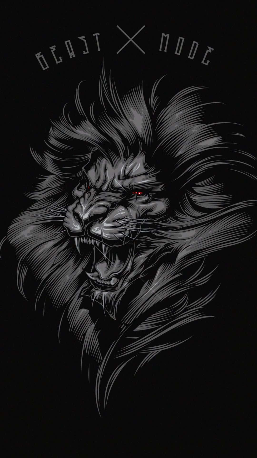 Black Lion 桌布 壁紙 — 一隻咆哮的獅子，擁有發光的紅色眼睛和尖刺鬃毛，在黑色背景上佔據主導地位，下方有「BEAST MODE」文字。