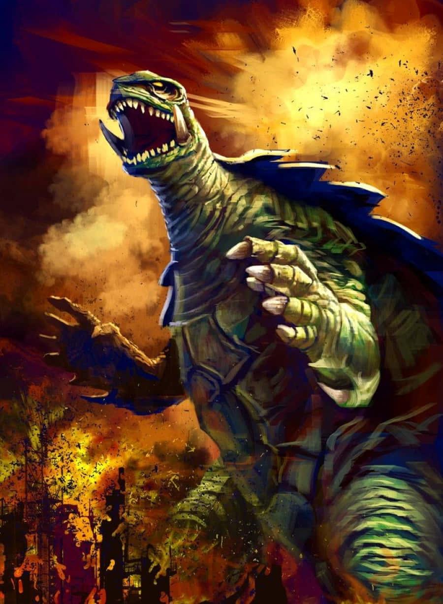 Gamera 桌布 壁紙 — 一隻咆哮的綠色怪獸，擁有鋒利的牙齒和爪子，站在熾熱的爆炸和 crumbling 的城市廢墟中，背景是戲劇性的橙色天空。
