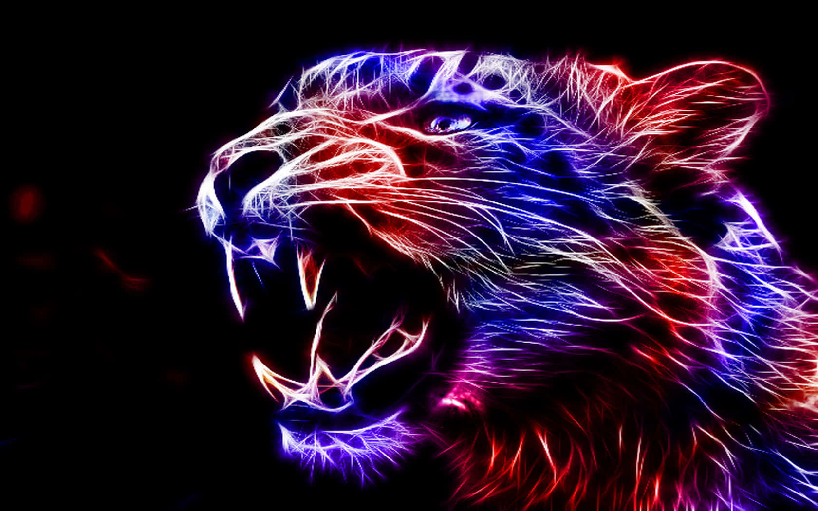 Beautiful Wildlife 桌布 壁紙 — 一隻咆哮的老虎以電光紅、藍、白霓虹線條呈現在黑色背景上。