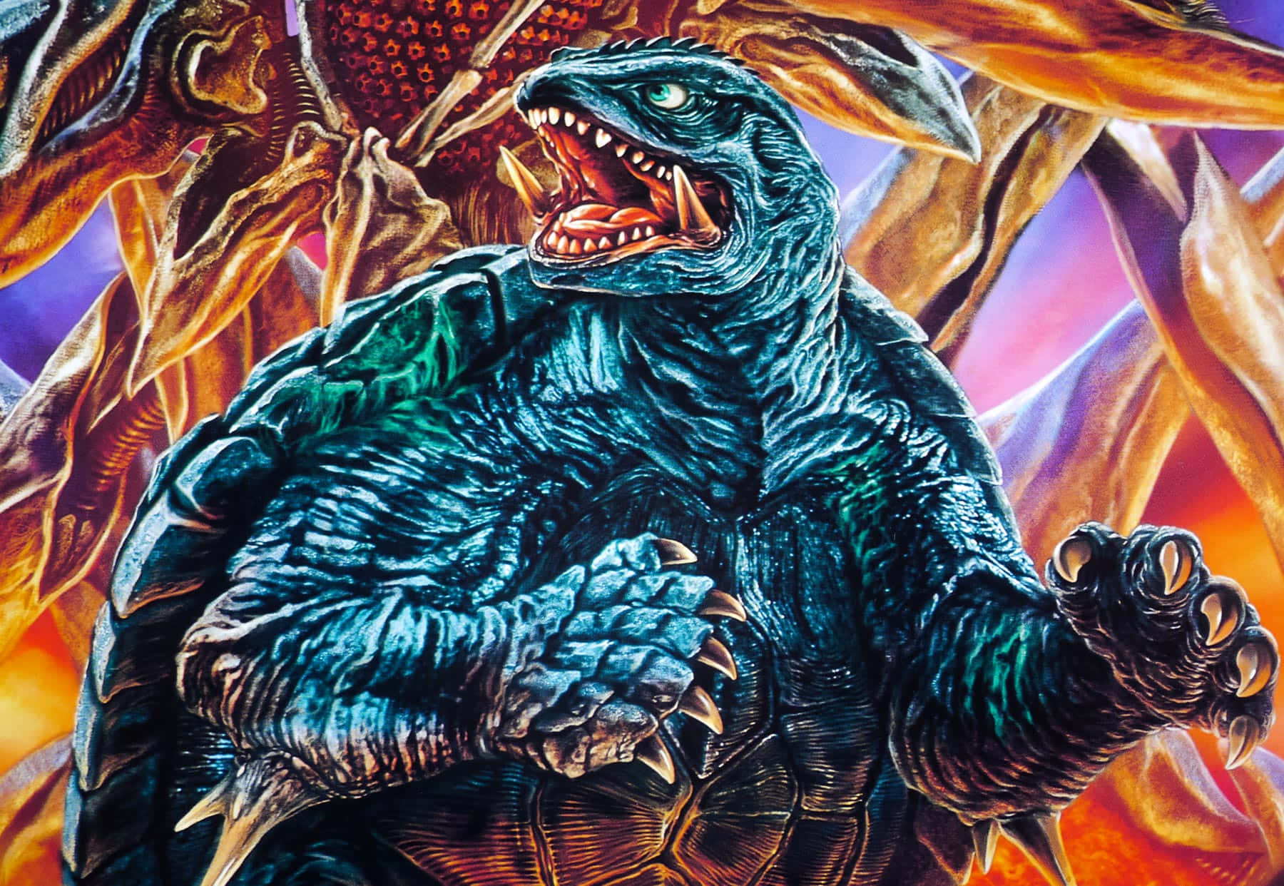 Gamera 桌布 壁紙 — 一隻咆哮的藍色哥斯拉，擁有鋒利的爪子和發光的眼睛，站在熾熱的橙色和紫色火焰之中。