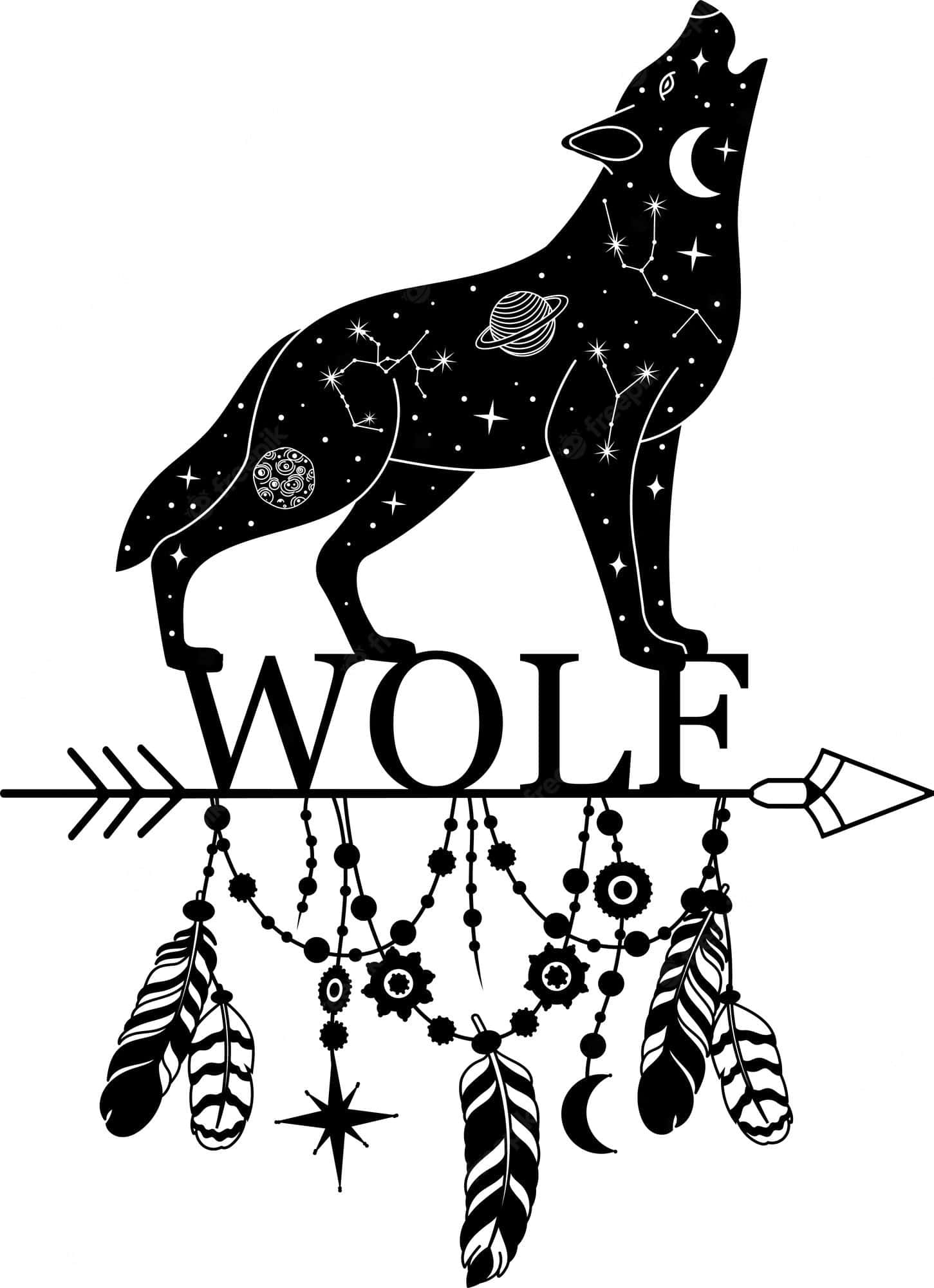 Wolf Silhouette 桌布 壁紙 — 一隻嚎叫的狼的黑色剪影，點綴著星星、行星和星座，站在帶有捕夢網元素的箭上。